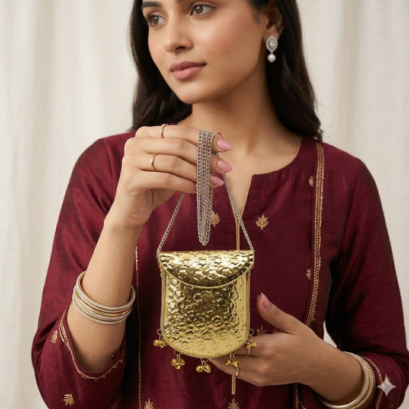 Buddy Cares Metal Gold Crossbody Bag with Chain Strap and Bell Charms, Woven Texture Sling Purse – Mobile Pouch Shape – view 3 – Buddy Cares