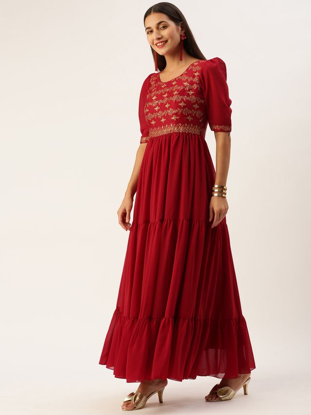 Bollywood Vogue Ready To Wear Maroon Art Silk N Geogette Flare Dress