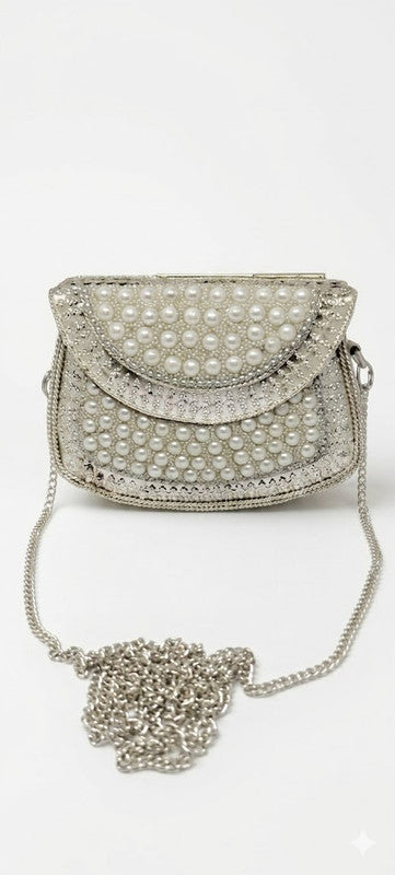 Buddy Cares Metal Bag for Women, Silver Pearl Embellished Clutch Purse with Chain Strap – U-Shape – Buddy Cares