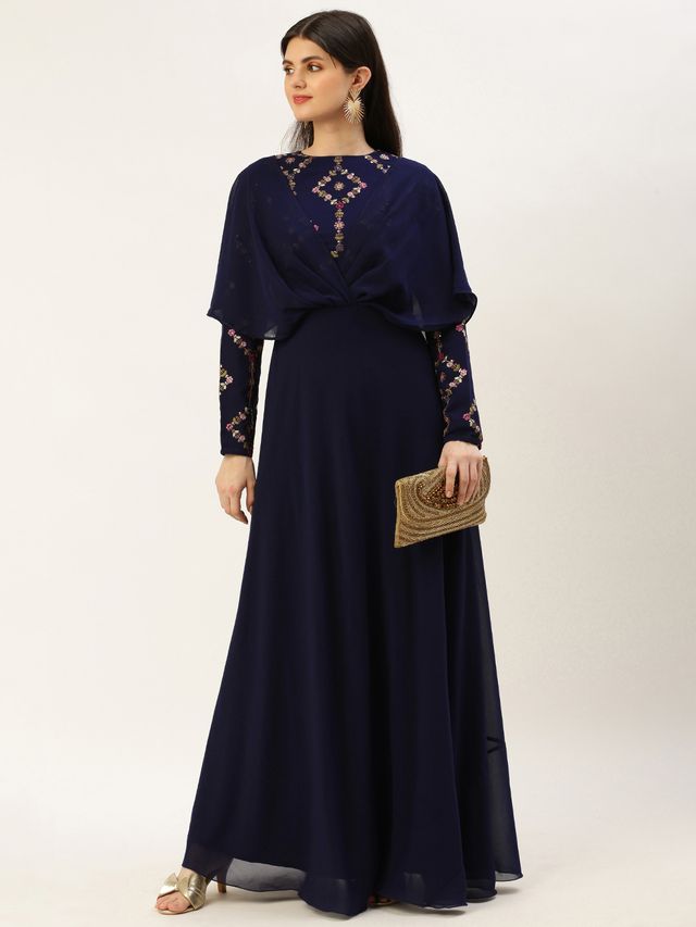 Bollywood Vogue Ready To Wear Royal Blue Georgette Embroidered Gown