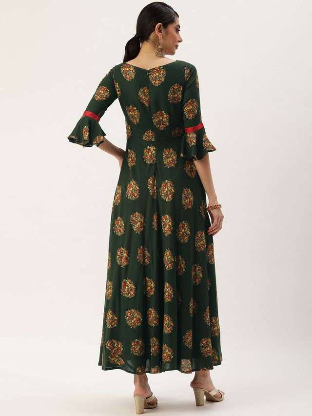 Bollywood Vogue Ready To Wear Green Rayon Printed Maxi Dress