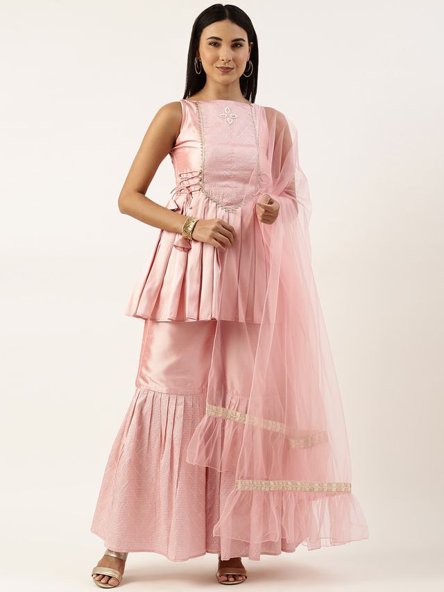 Bollywood Vogue Ready To Wear Rouge Pink Art Silk Kurta N Gharara Set