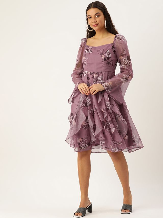 Bollywood Vogue Ready To Wear Mauve Organza Digital Printed Dress
