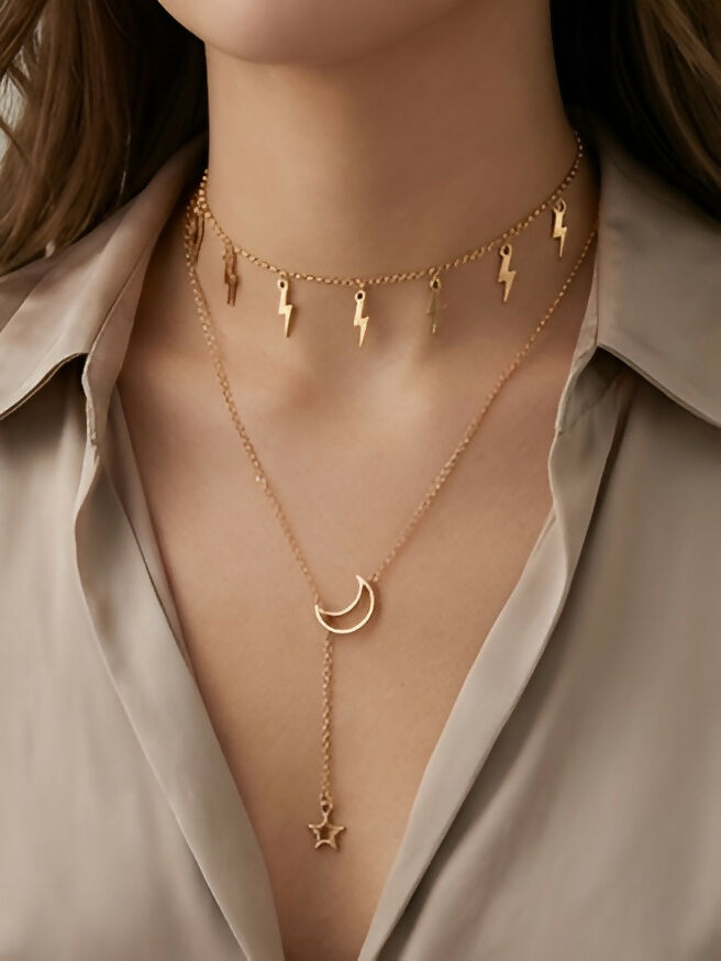 Lightning Bolt & Crescent Moon Necklace Set (2 Pieces)