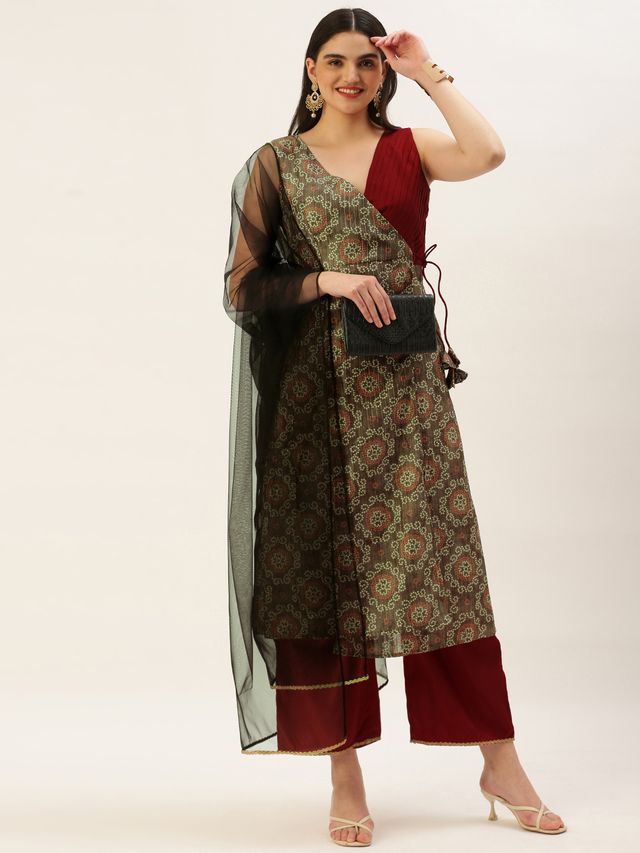 Bollywood Vogue Ready To Wear Maroon N Grey Printed Art Silk Anarkali Set