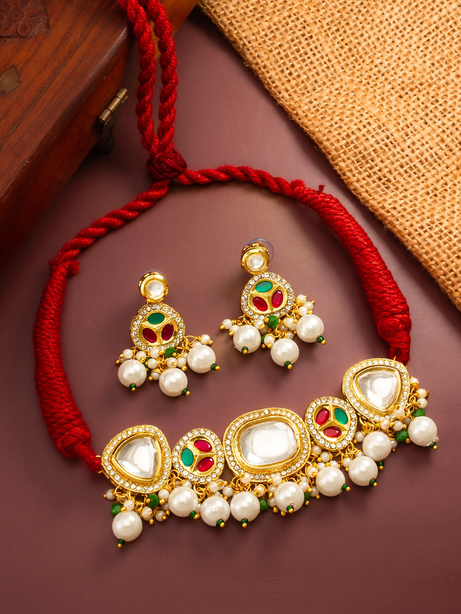 Traditional Kundan Gold Plated Choker Necklace Set with Pearls – View 5 | Aadita Jewelry