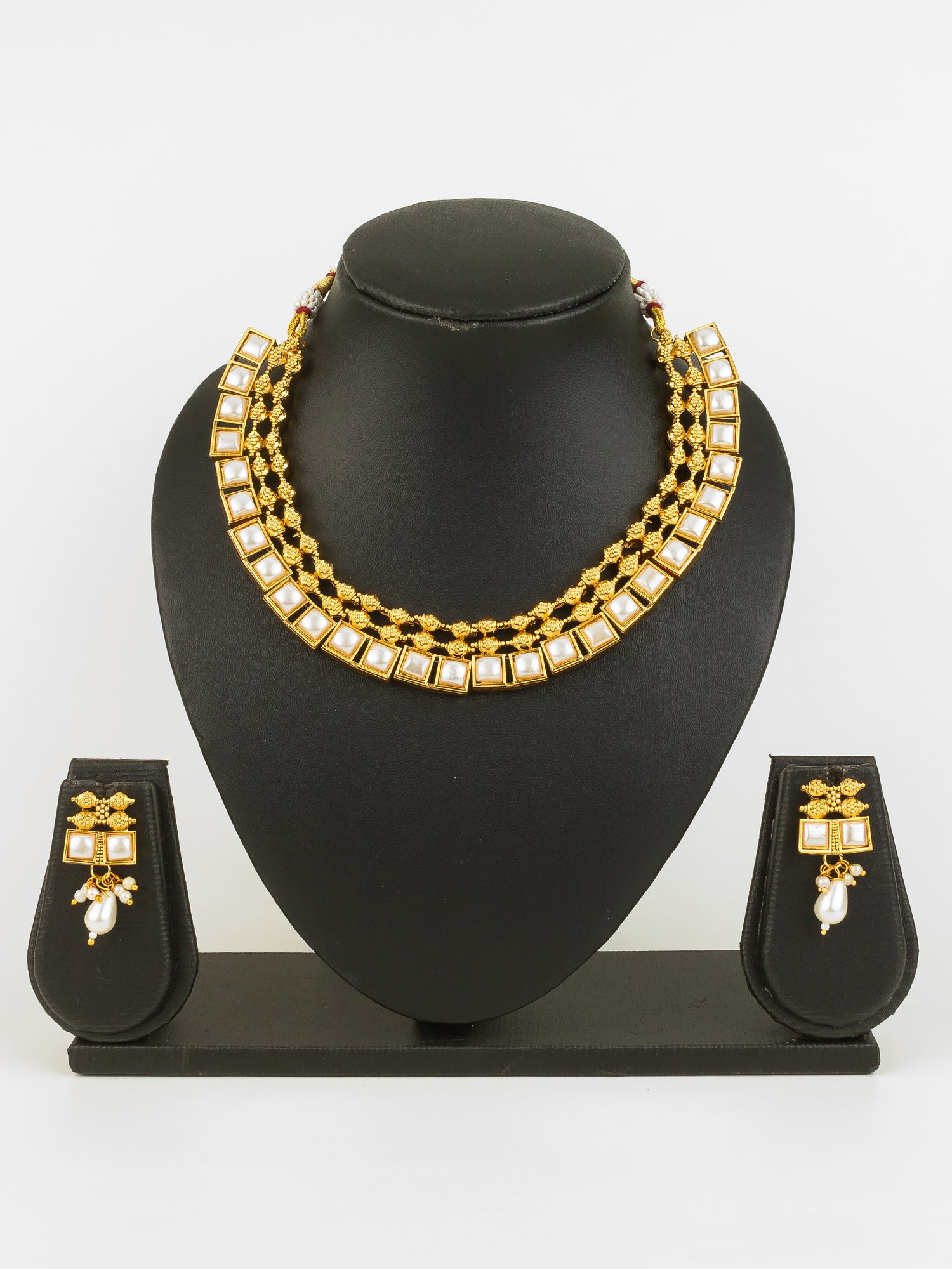 Gold Plated Pearl Kundan Geometric Traditional Necklace Set for Women – View 5 | Aadita Jewelry