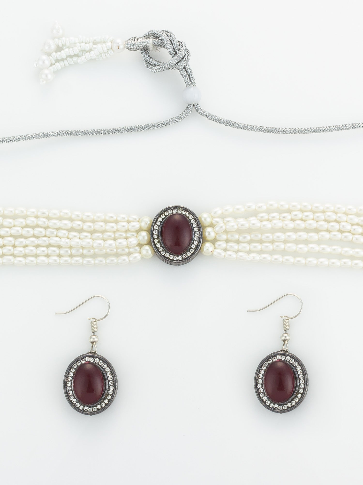 Silver Plated Pearl Choker Set with Maroon Stone – View 4 | Aadita Jewelry