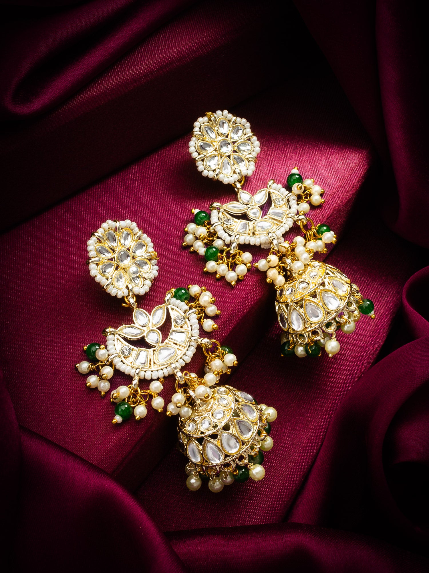 Traditional Kundan Green Bead Pearl Jhumka Earrings – View 4 | Aadita Jewelry