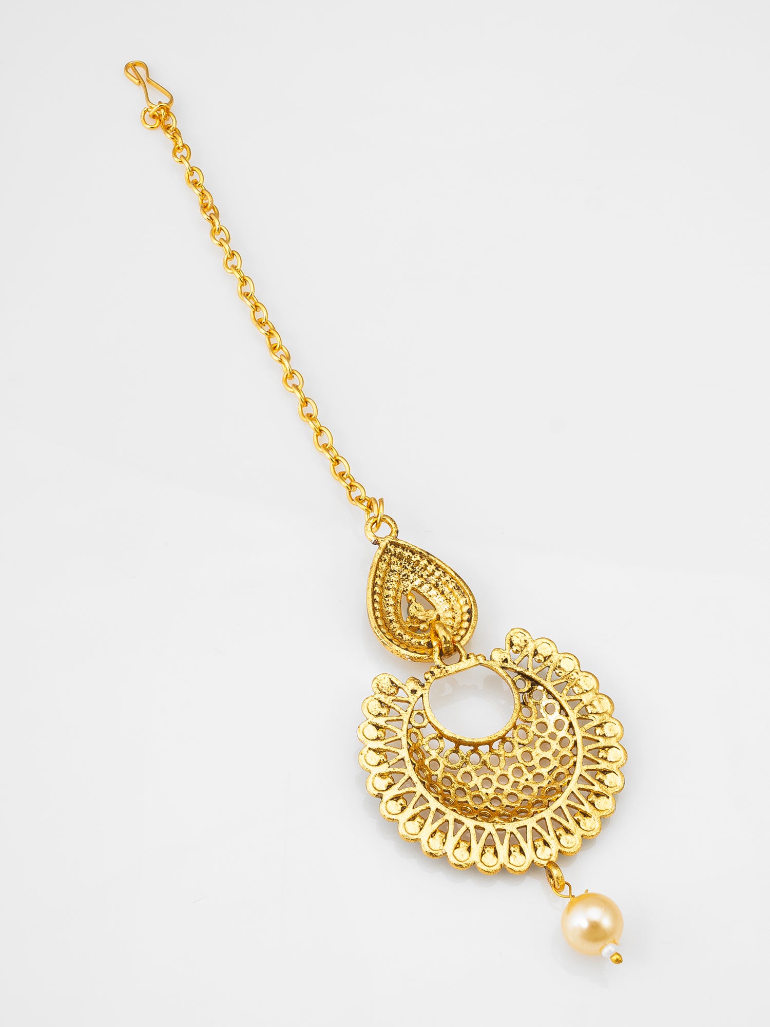 Gold-Plated Chandbali Maang Tikka with Teal Stones and Pearl Drop – View 3 | Aadita Jewelry