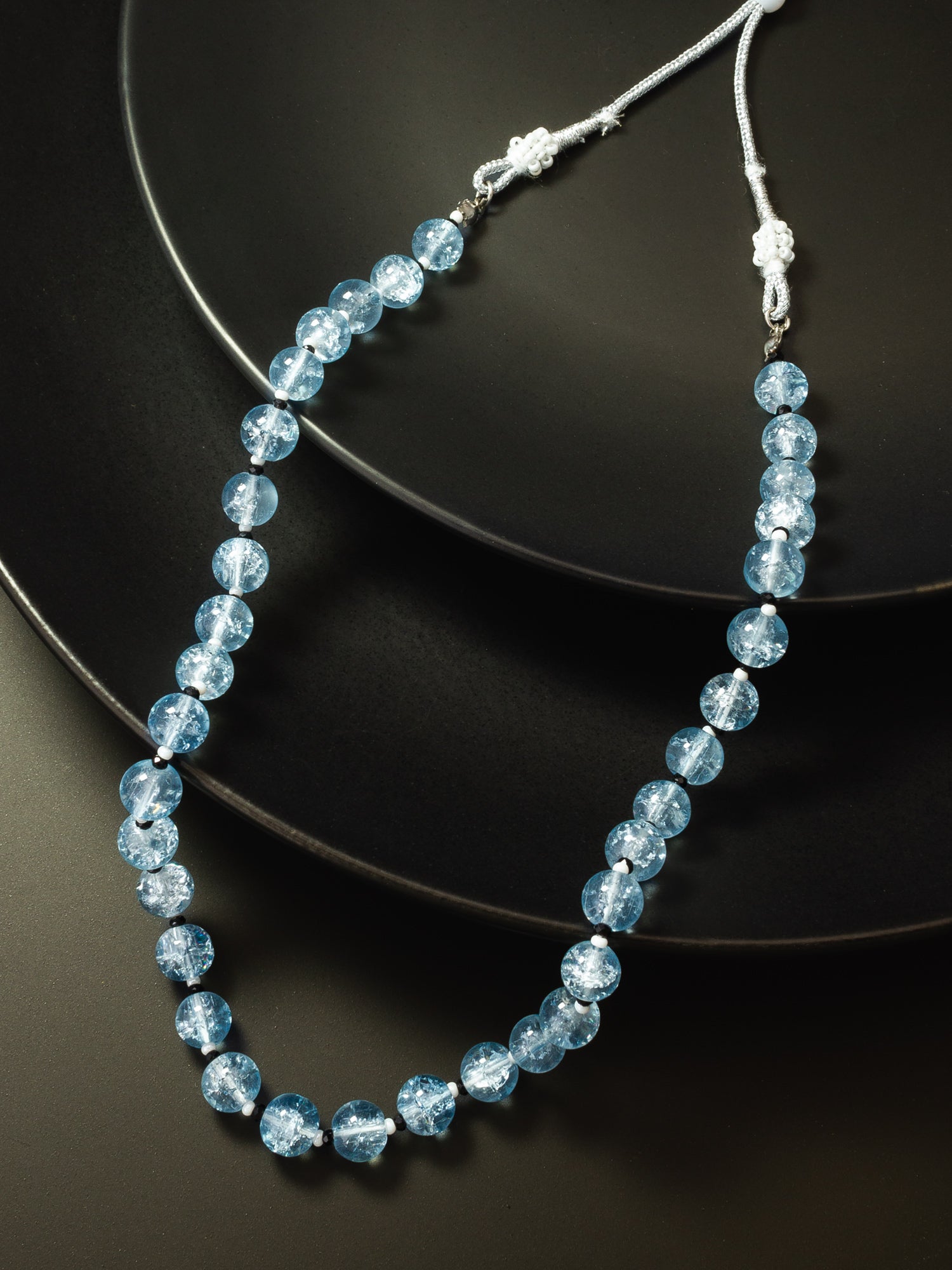 Light Blue Crackle Glass Bead Necklace with Silver Dori and Pearl – View 2 | Aadita Jewelry