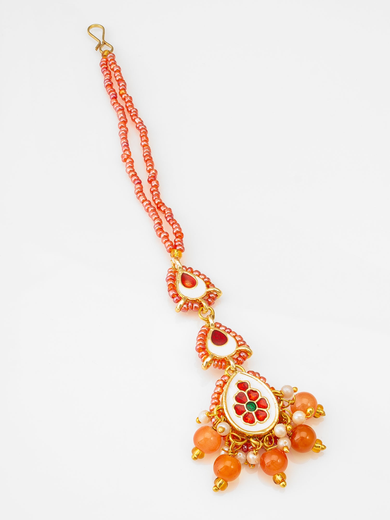 Gold Plated Kundan Pearl Maang Tikka with Orange Beads for Women & Girls – View 2 | Aadita Jewelry