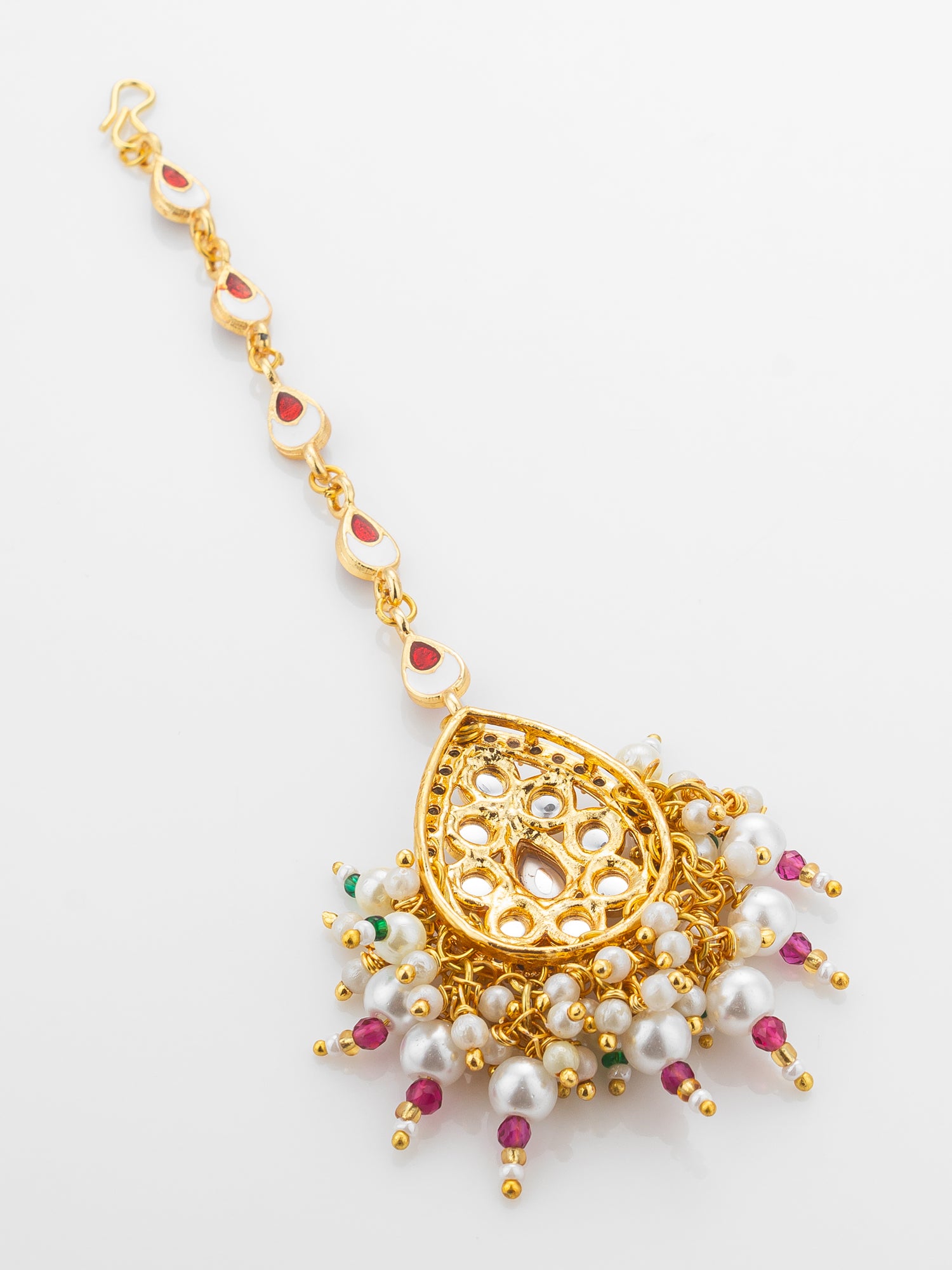 Aadita Gold Plated Ruby Teardrop Chain Mangtika with Kundan Triangle Pendant and Pearl Cluster Fringe – View 4 | Aadita Jewelry
