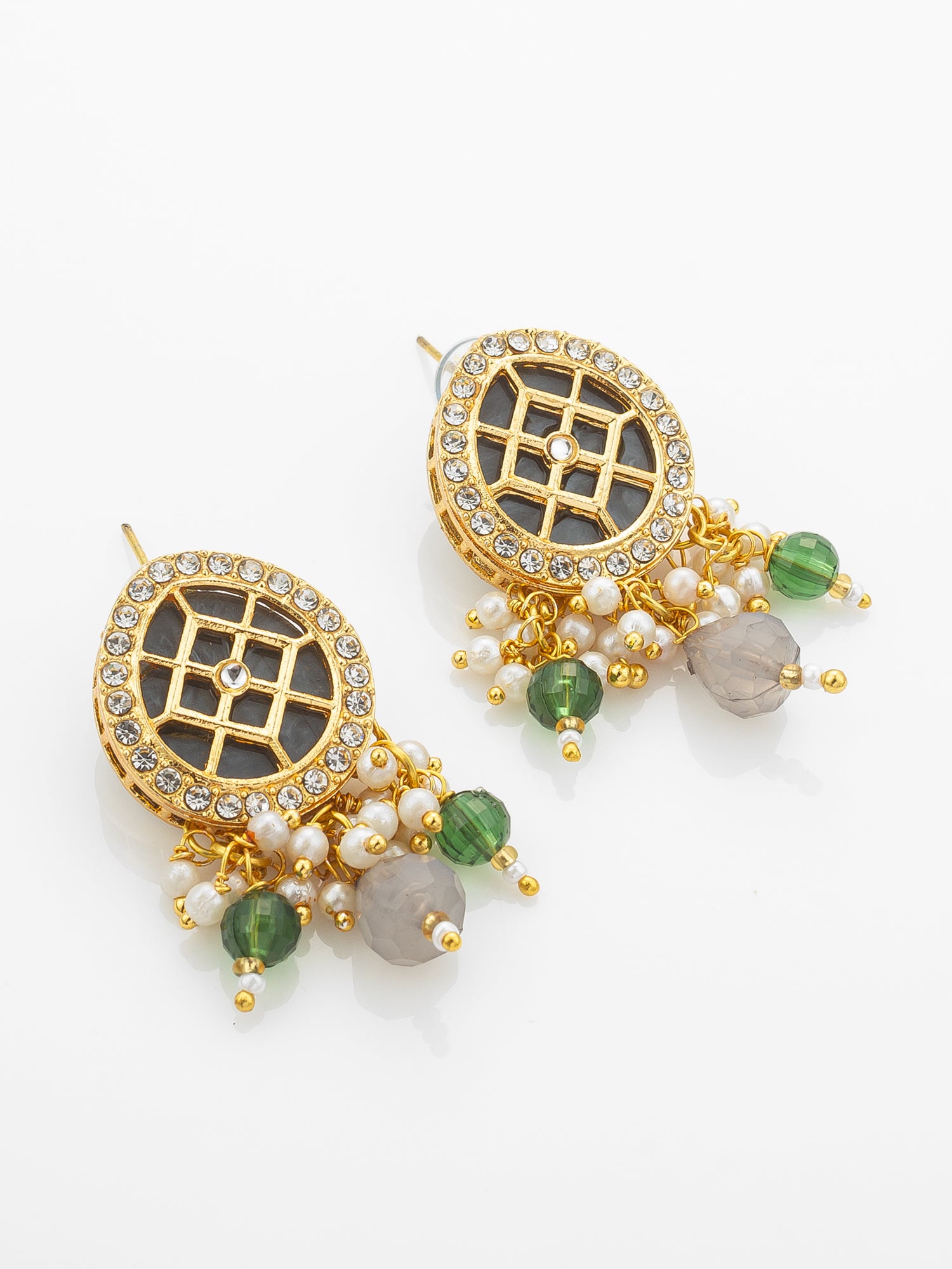 Aadita Green & Grey Necklace Set with Lattice Pendant and Drop Earrings – View 2 | Aadita Jewelry