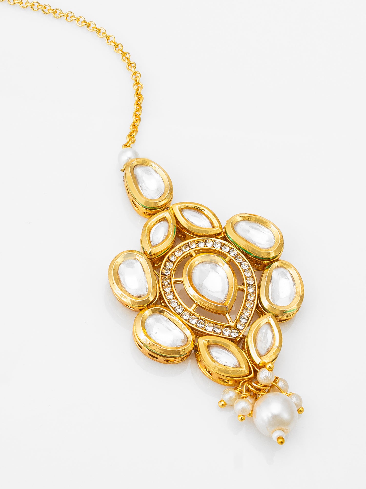Gold-Plated Kundan Cluster Maang Tikka with Pearl Drop – View 3 | Aadita Jewelry