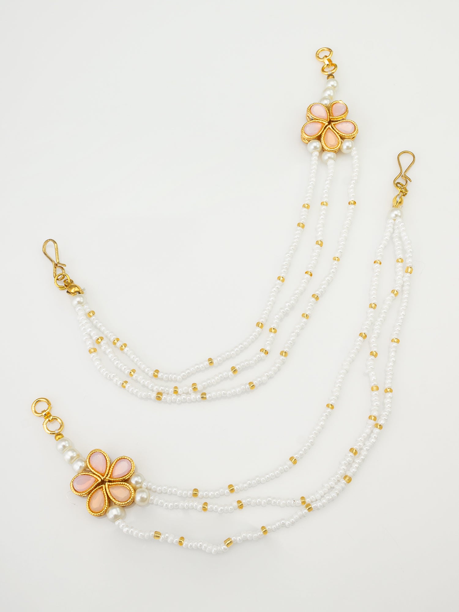 Gold-Tone Floral Kundan Ear Chain with Multi-Strand Pearl and Gold Bead Detailing – View 2 | Aadita Jewelry