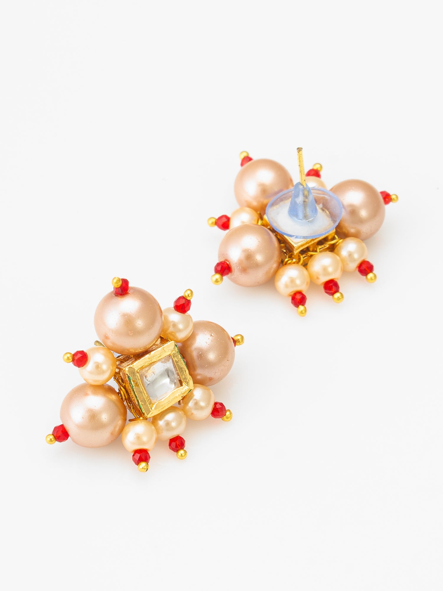 Five-Strand Peach Pearl Mala Necklace Set with Kundan Cluster Earrings – View 3 | Aadita Jewelry