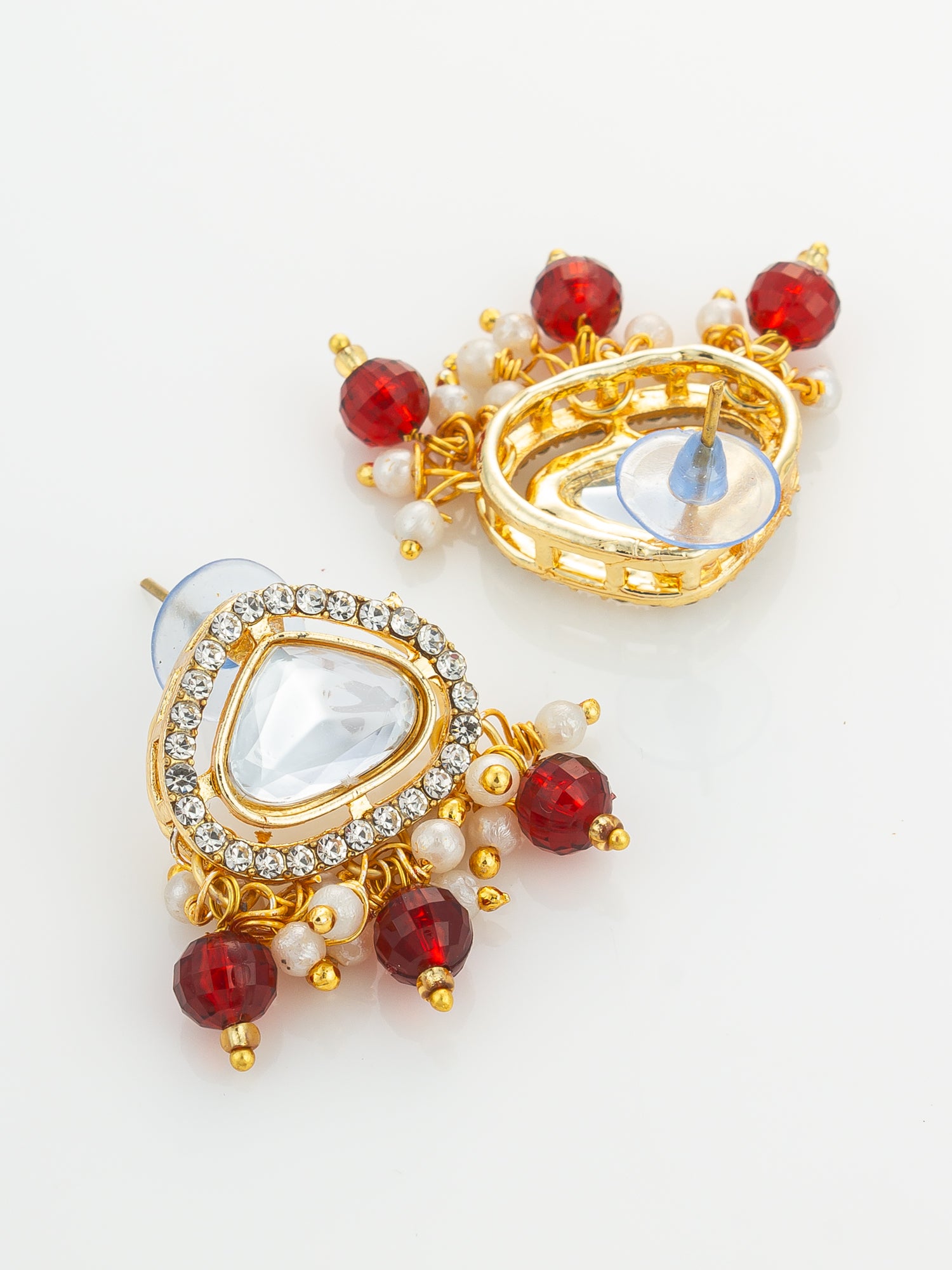 Gold Plated Kundan and Pearl Long Necklace Set with Red Accents – View 3 | Aadita Jewelry