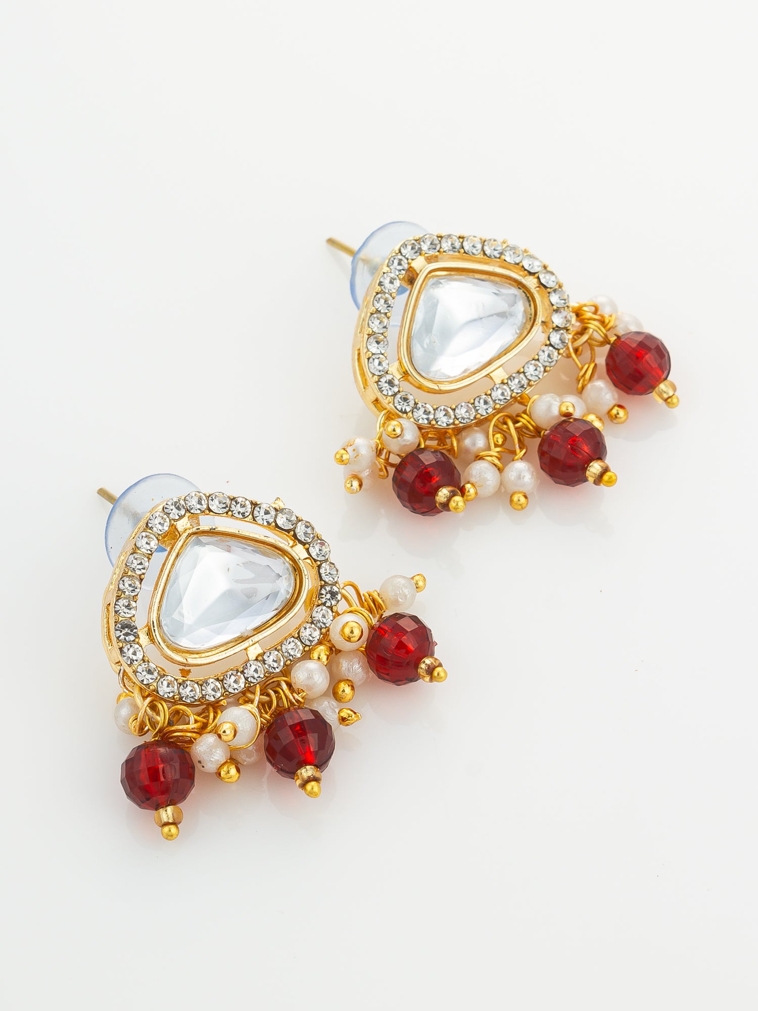 Gold Plated Kundan and Pearl Long Necklace Set with Red Accents – View 2 | Aadita Jewelry