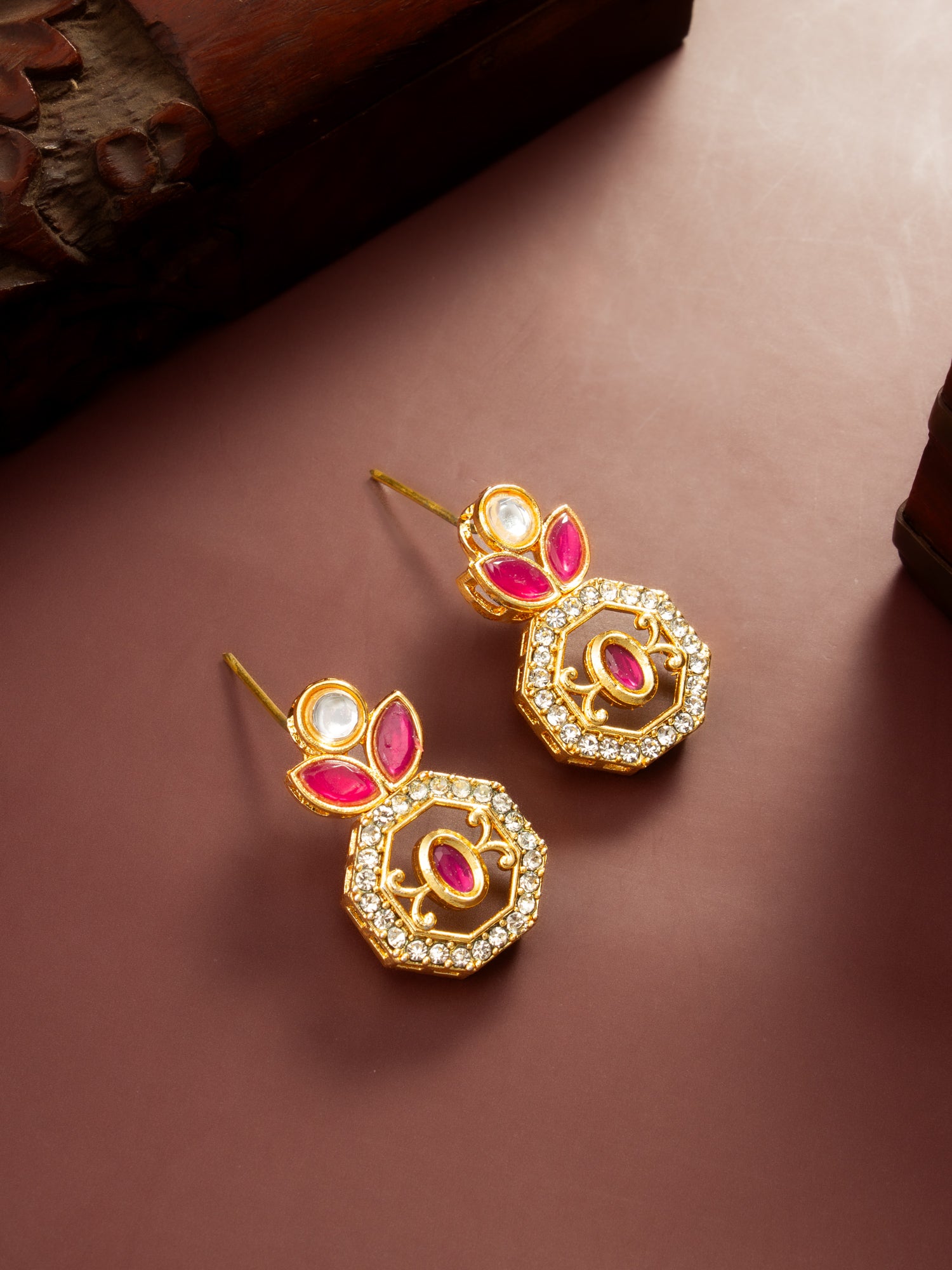 Gold Plated Geometric Octagon Red Stone Earrings – View 5 | Aadita Jewelry