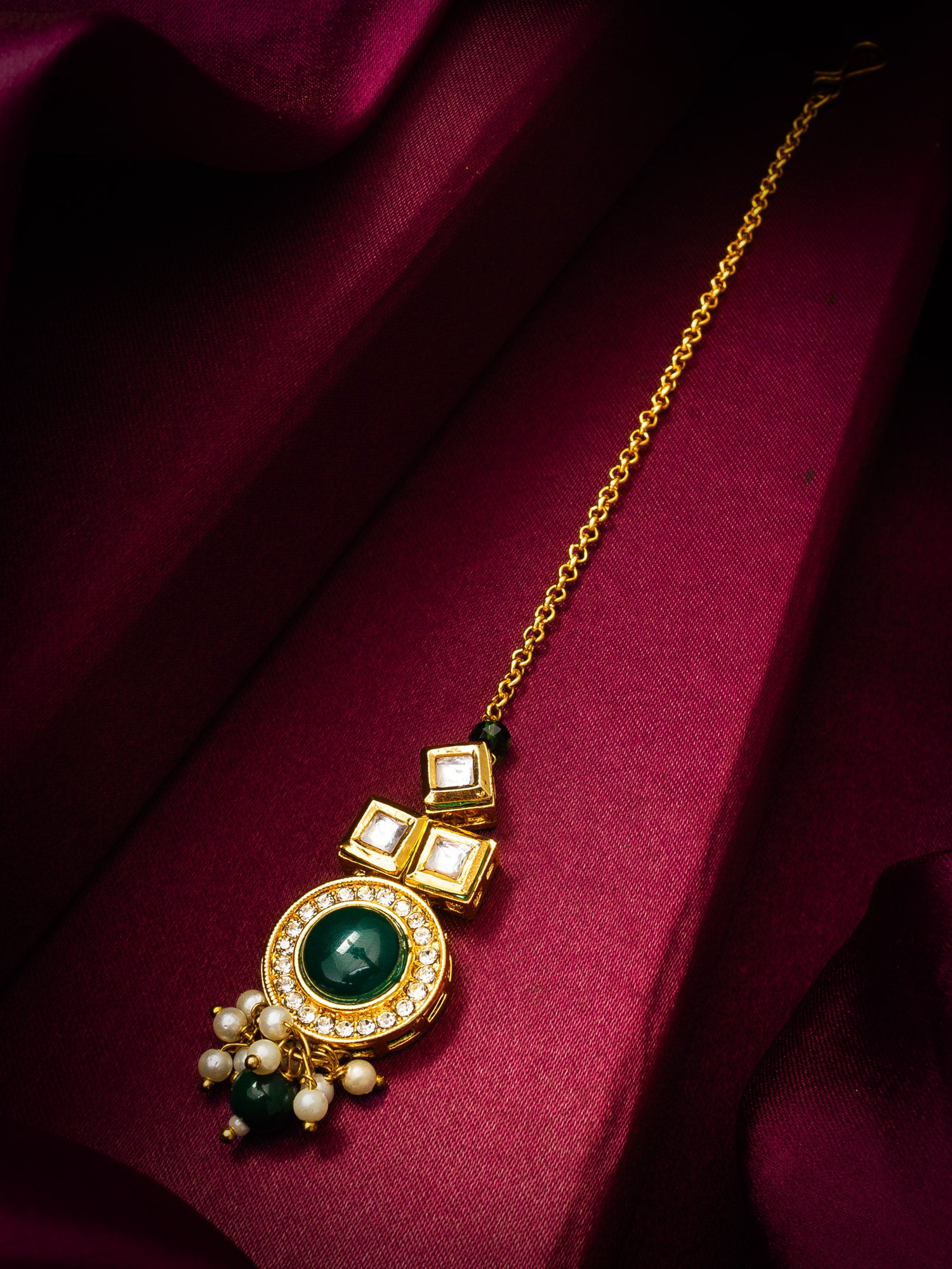 Classic Kundan Green Stone Maang Tikka with Pearl Drops – View 5 | Aadita Jewelry