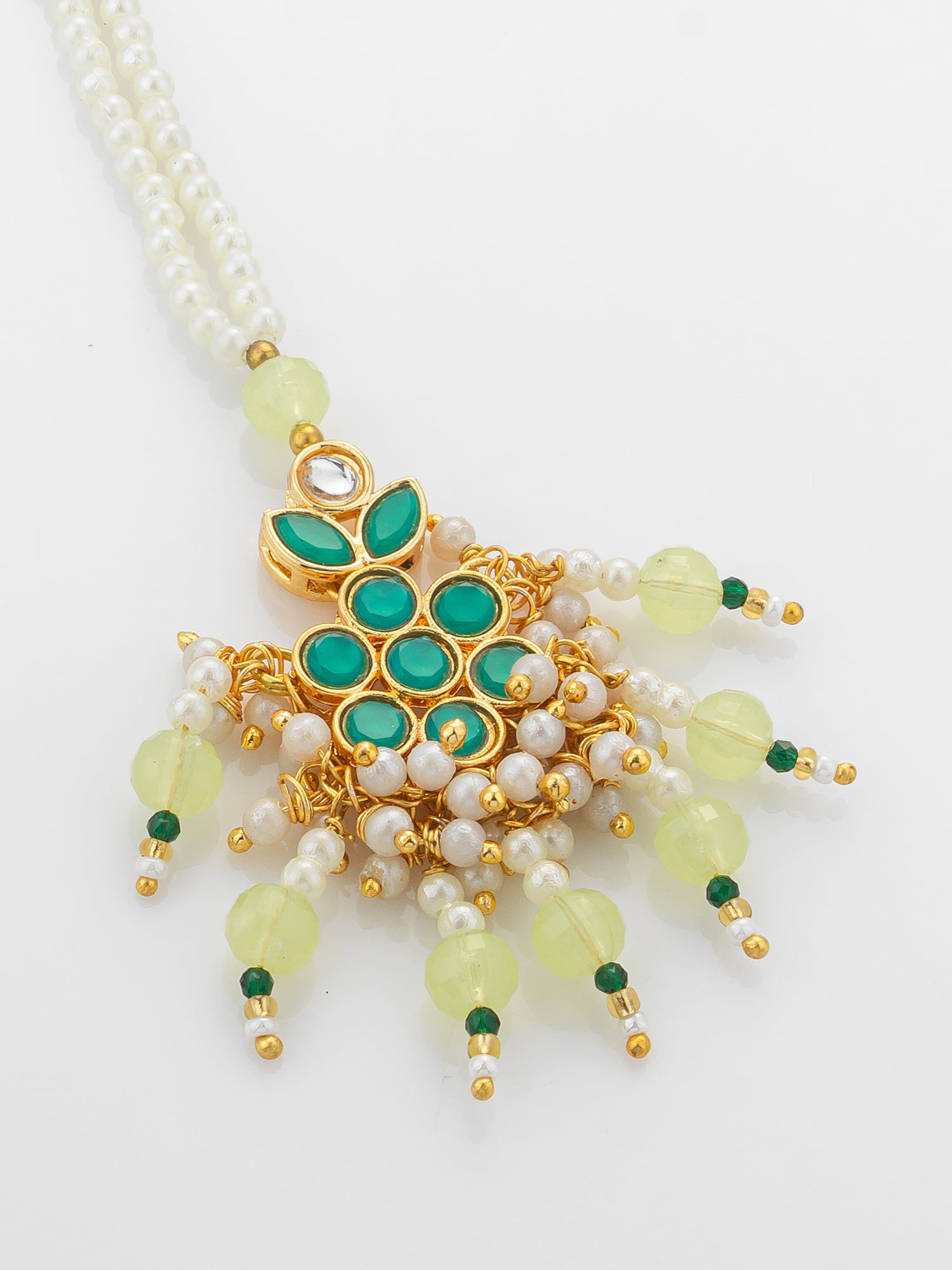 Aadita Gold Plated Teal Kundan Mangtika with Lime Bead Chain and Pearl Fringe – View 3 | Aadita Jewelry