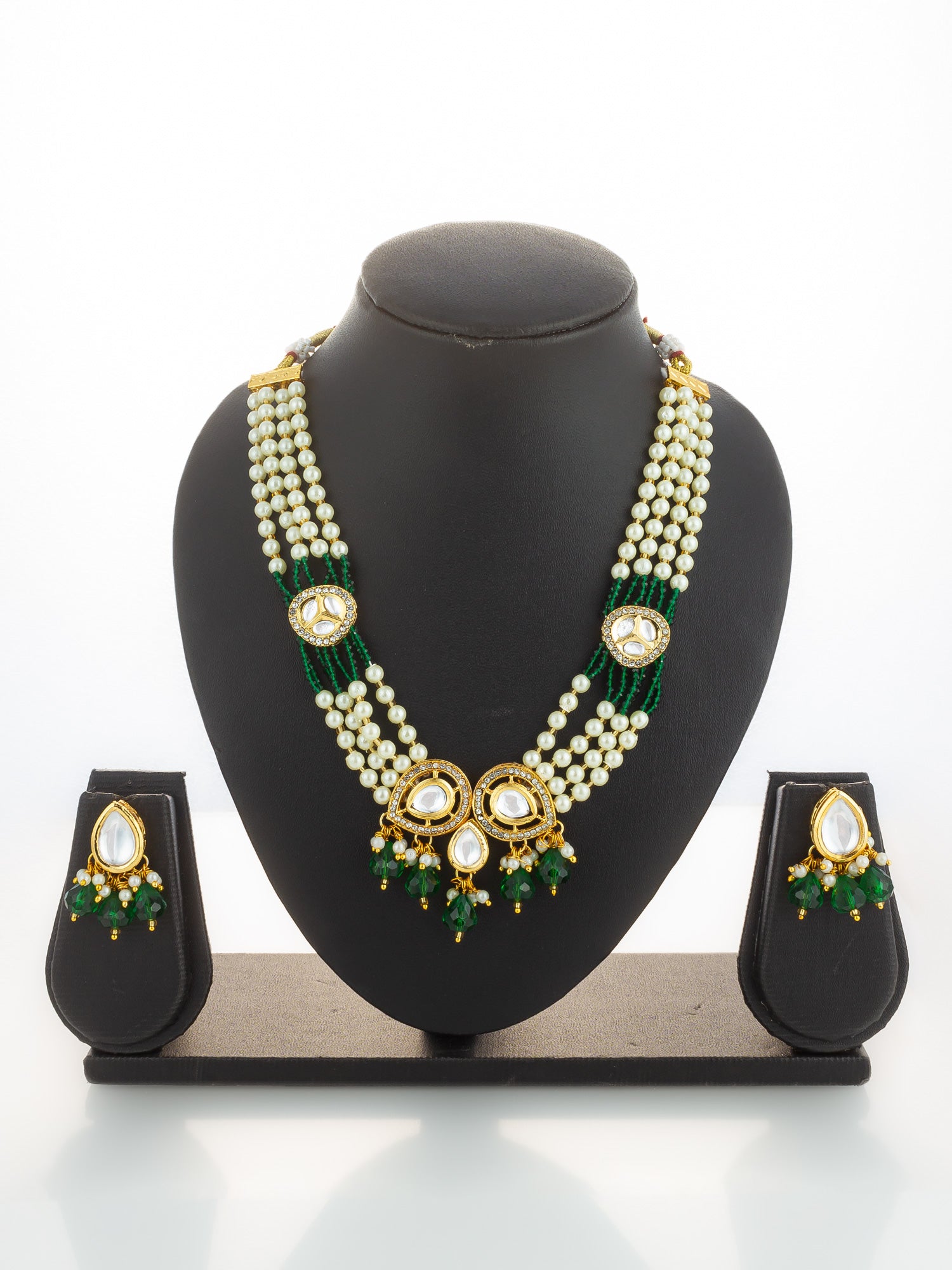 Gold Plated Green Kundan & Pearl Layered Necklace Set – View 5 | Aadita Jewelry