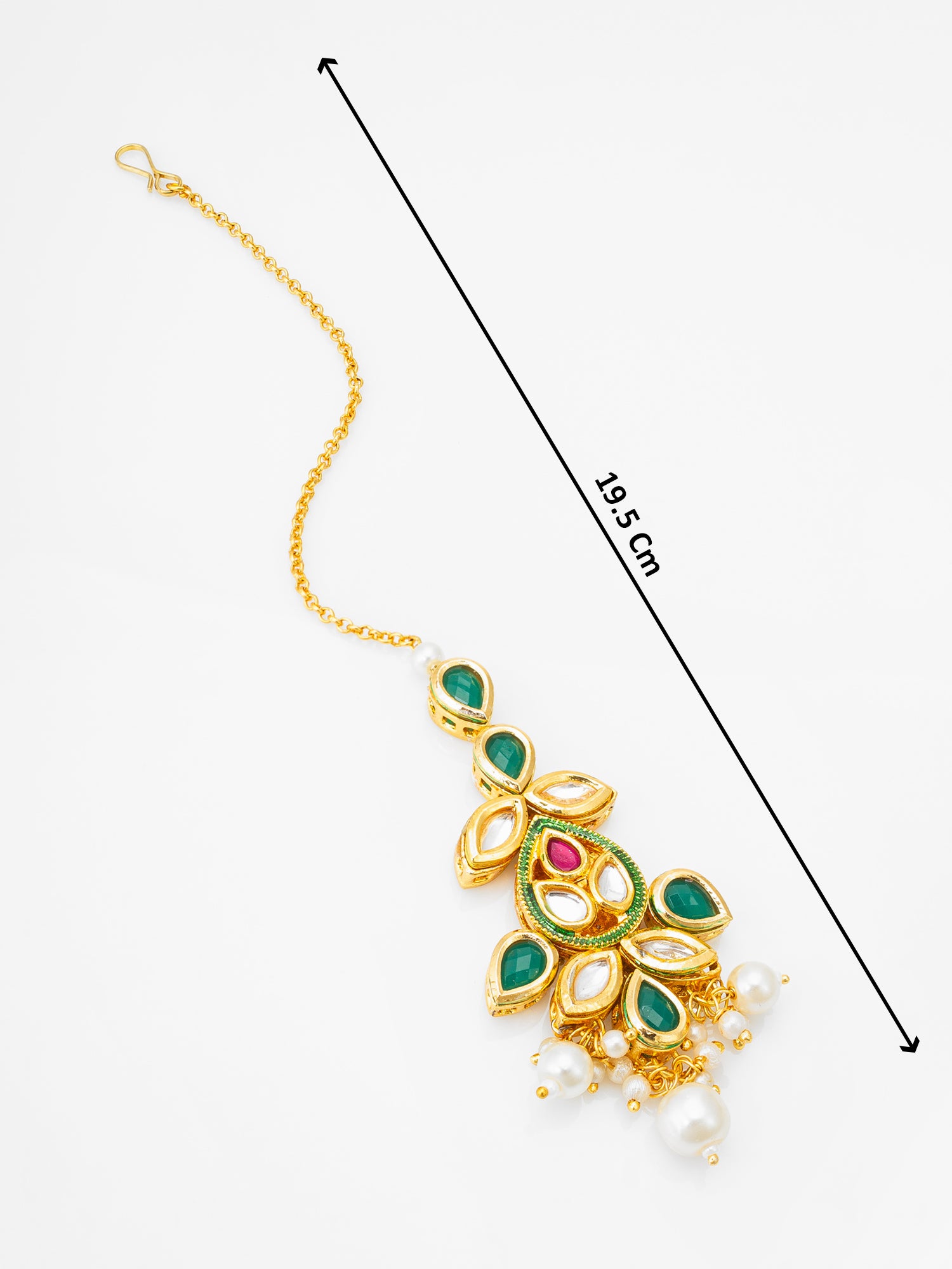 Gold-Plated Kundan and Emerald Green Maang Tikka with Pearl Dangles – View 4 | Aadita Jewelry