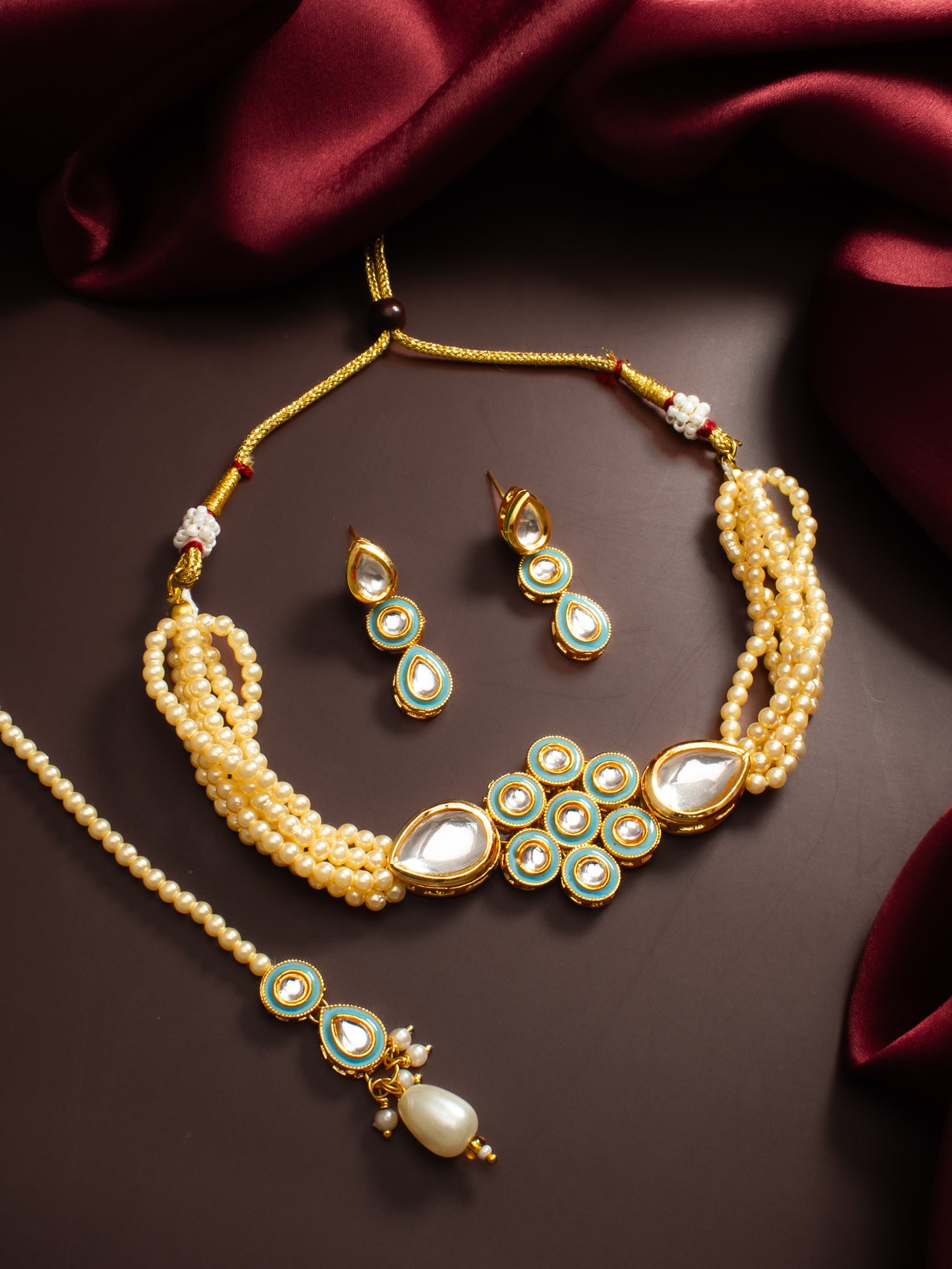 Gold Plated Kundan Choker Necklace Set with Green Enamel and Maang Tikka – View 5 | Aadita Jewelry