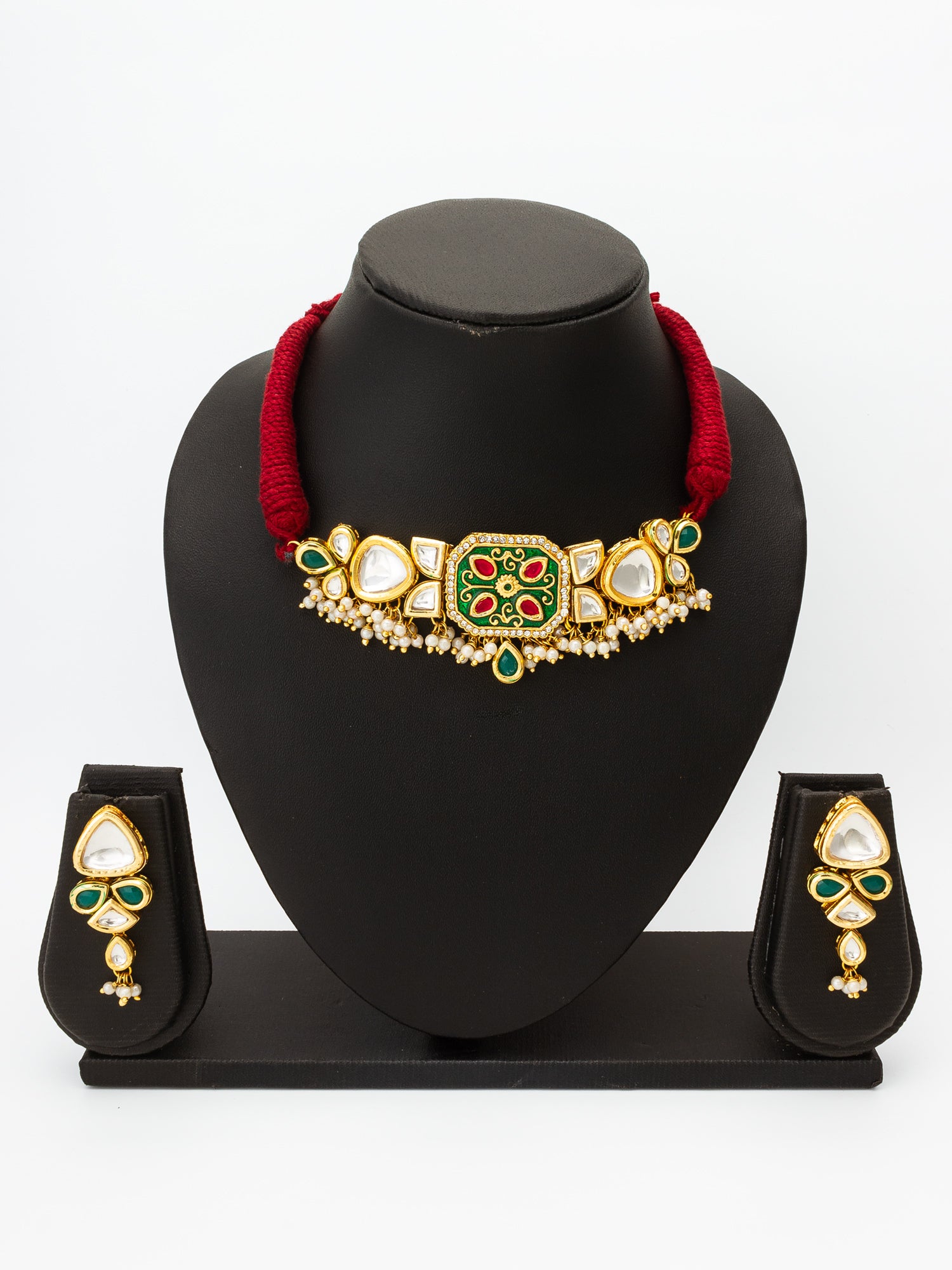 Kundan Choker Necklace Set with Pearl Drops Earrings – View 4 | Aadita Jewelry