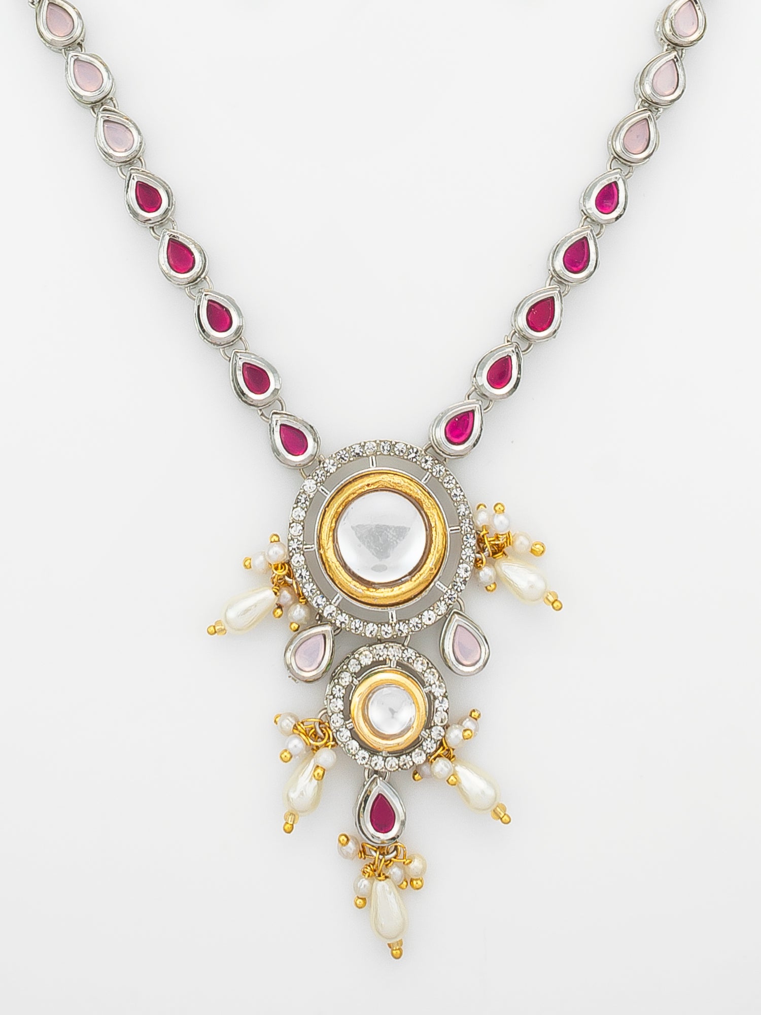 Aadita Kundan Long Necklace Set with Ruby-Tone Stones and Pearl Drops – View 4 | Aadita Jewelry