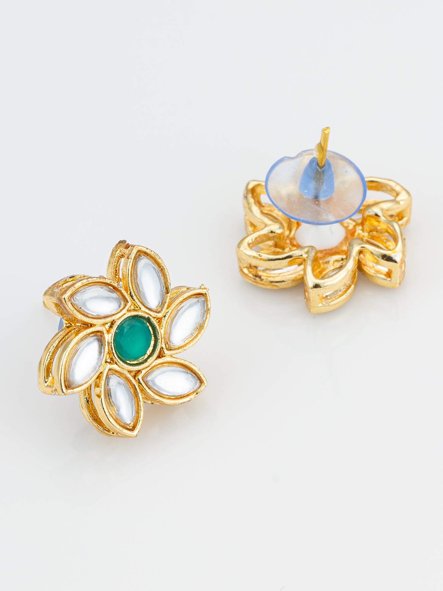 Traditional Gold Plated White and Green Kundan Floral Studs – View 3 | Aadita Jewelry