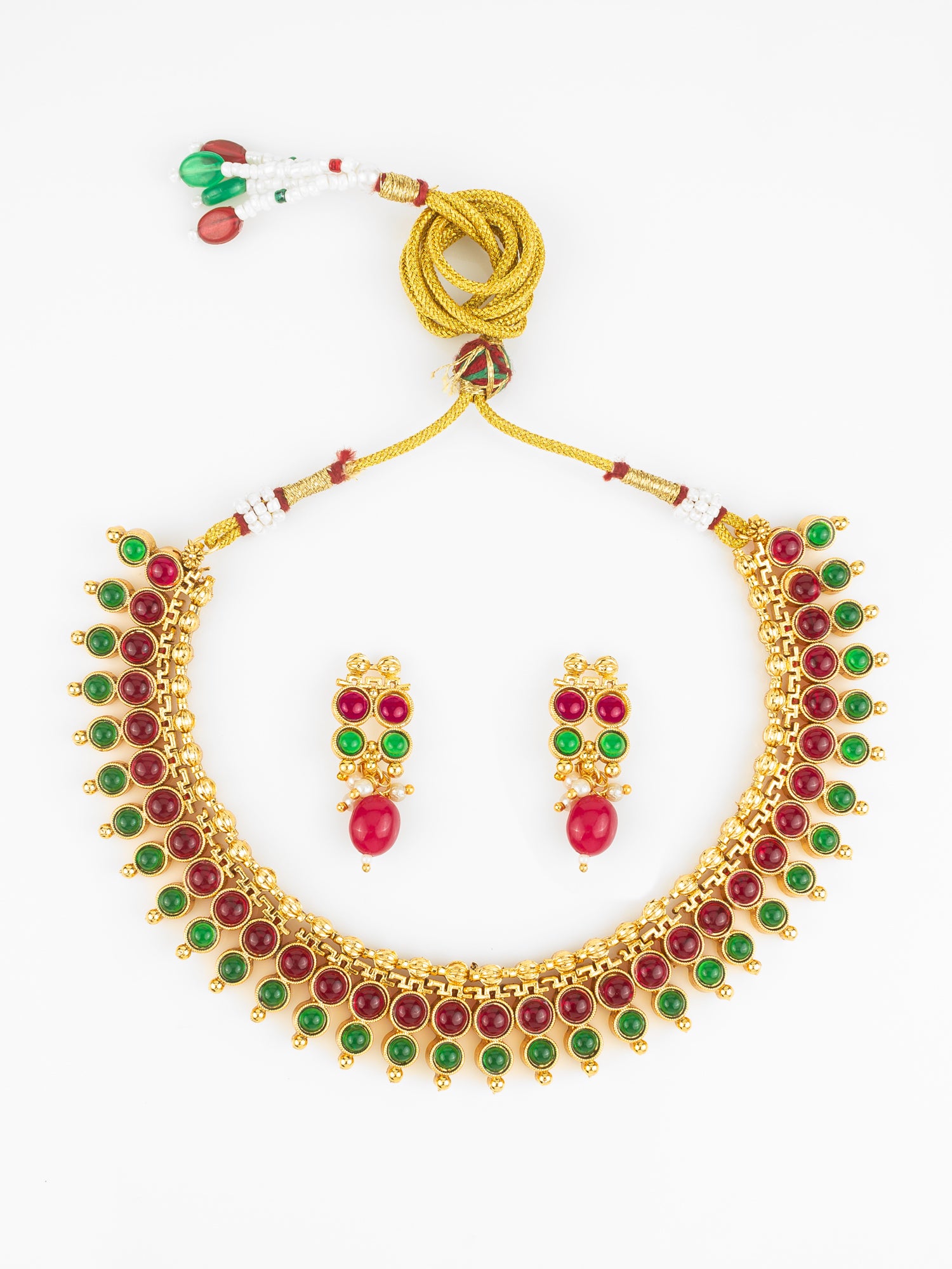 Gold Plated Dual-Tone Red & Green Stone Traditional Necklace Set for Women | Aadita Jewelry