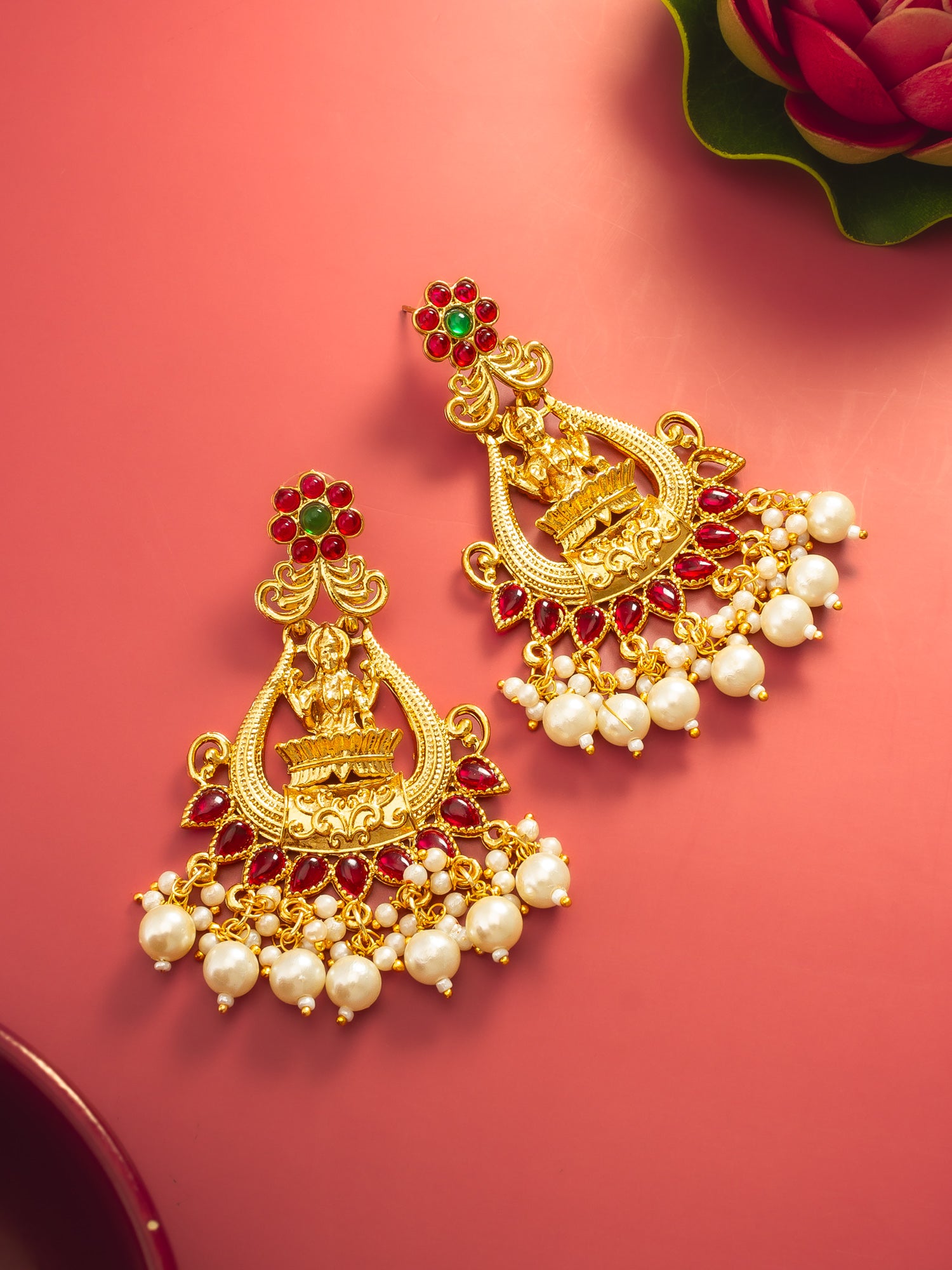 Aadita Temple Style Gold Plated Pink & Green Chandelier Jhumka Earrings – View 5 | Aadita Jewelry
