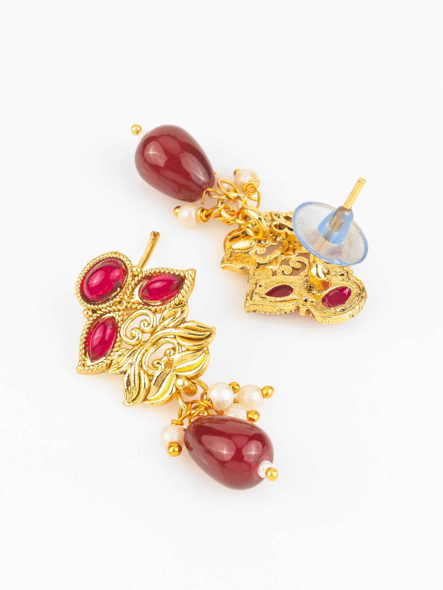 Gold Plated Maroon Oval Stone Designer Traditional Necklace Set for Women – View 3 | Aadita Jewelry