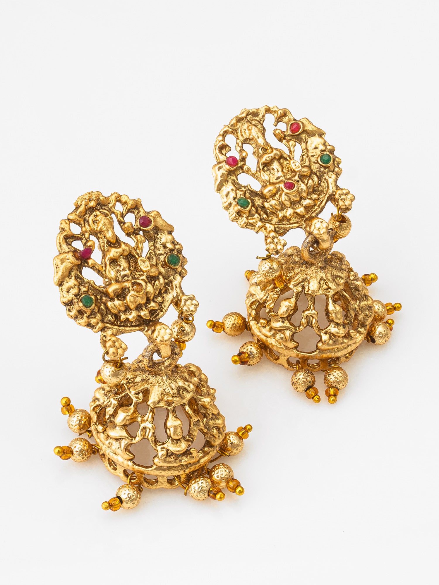 Antique Gold Multi-Strand Lakshmi Temple Necklace Set with Stones and Double Jhumka Earrings – View 3 | Aadita Jewelry