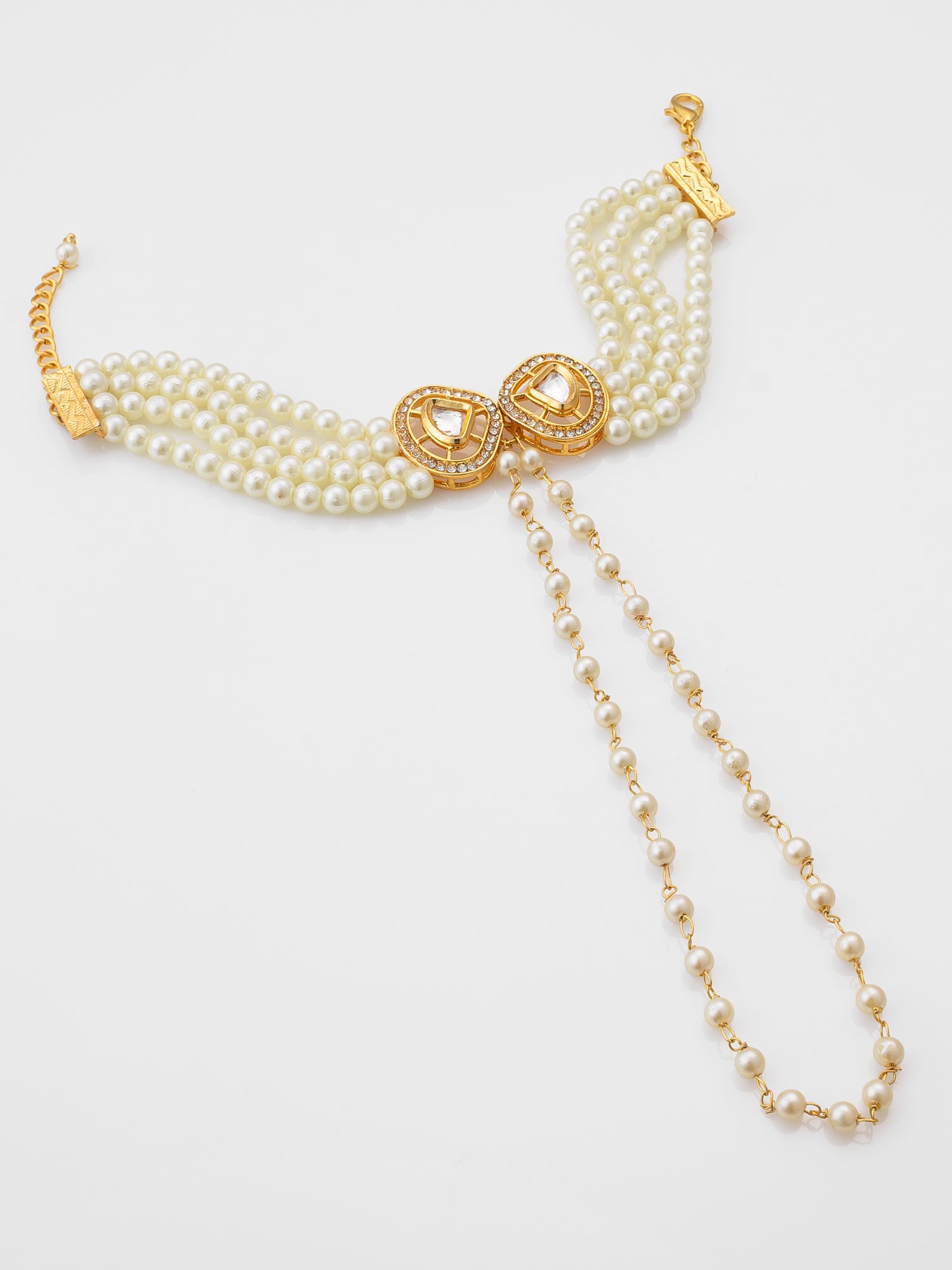 Gold Plated Kundan & Pearl Haathphool Bracelet "“ Dual Teardrop Hand Harness Jewelry for Women & Brides – View 3 | Aadita Jewelry