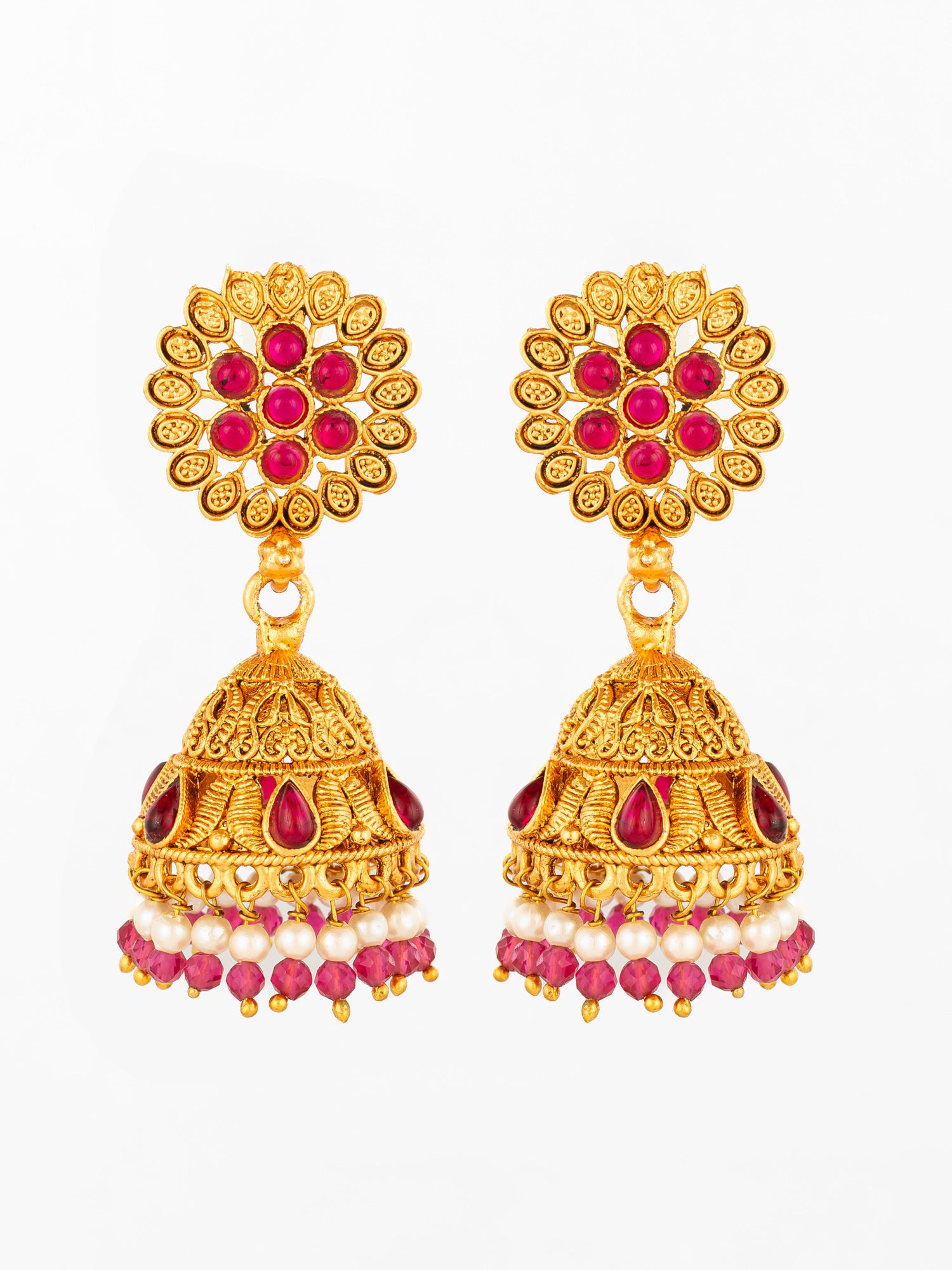 Aadita Floral Motif Gold Plated Pink Stone Jhumka Earrings | Aadita Jewelry