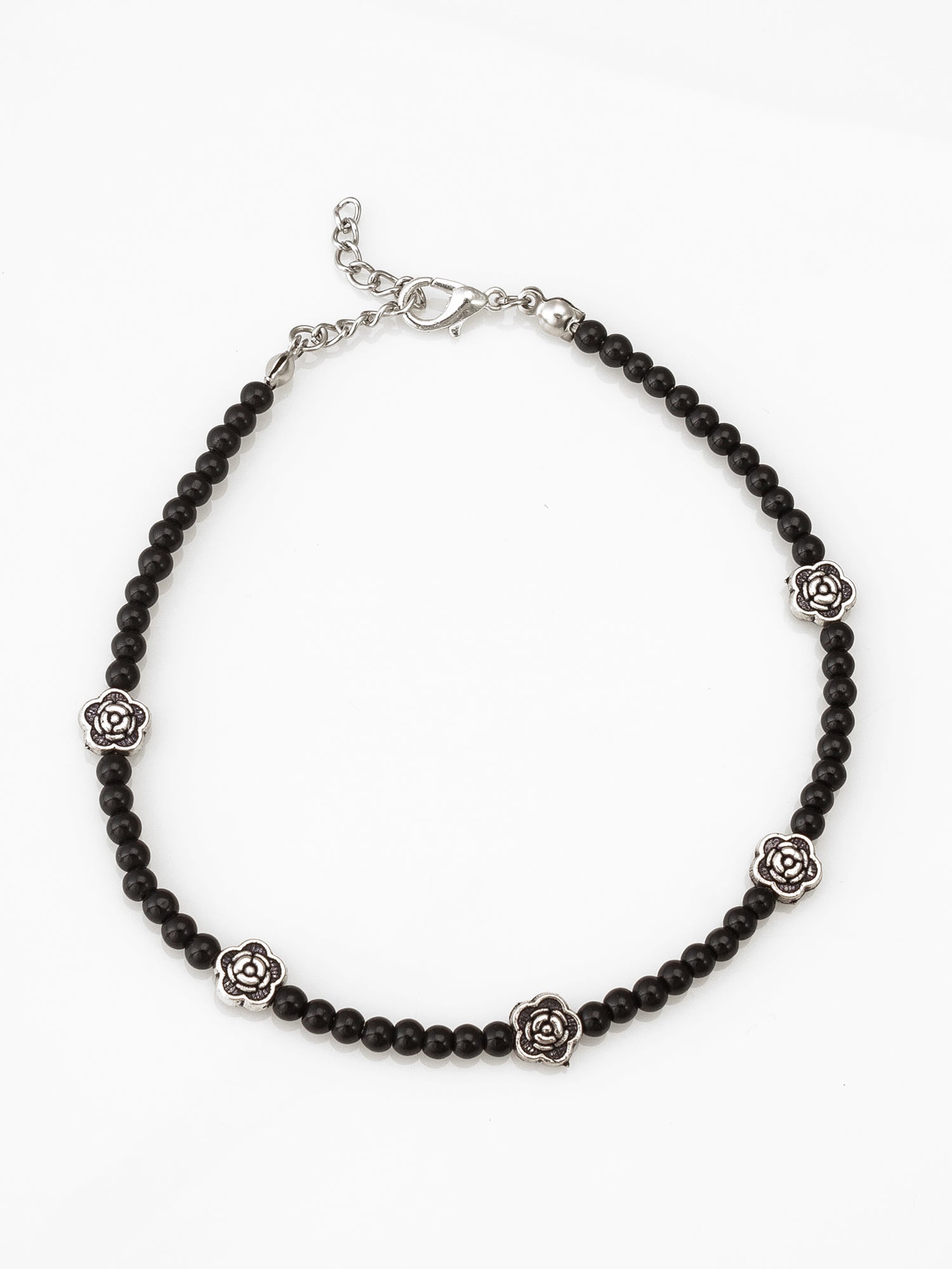 Black Bead Oxidized Rose Charm Anklet – View 2 | Aadita Jewelry