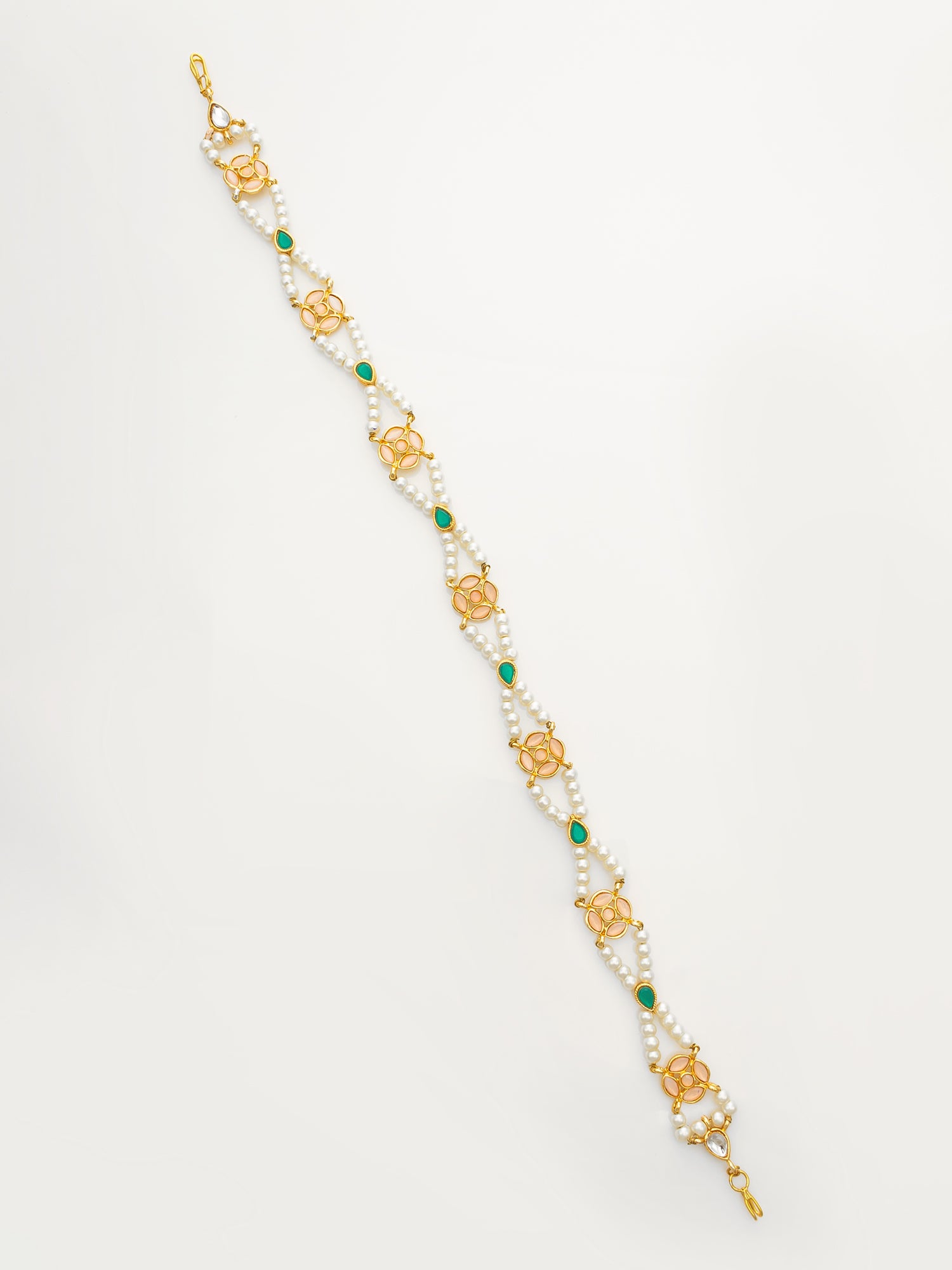 Gold Plated Green & Peach Pearls Kundan Matha Patti | Aadita Jewelry