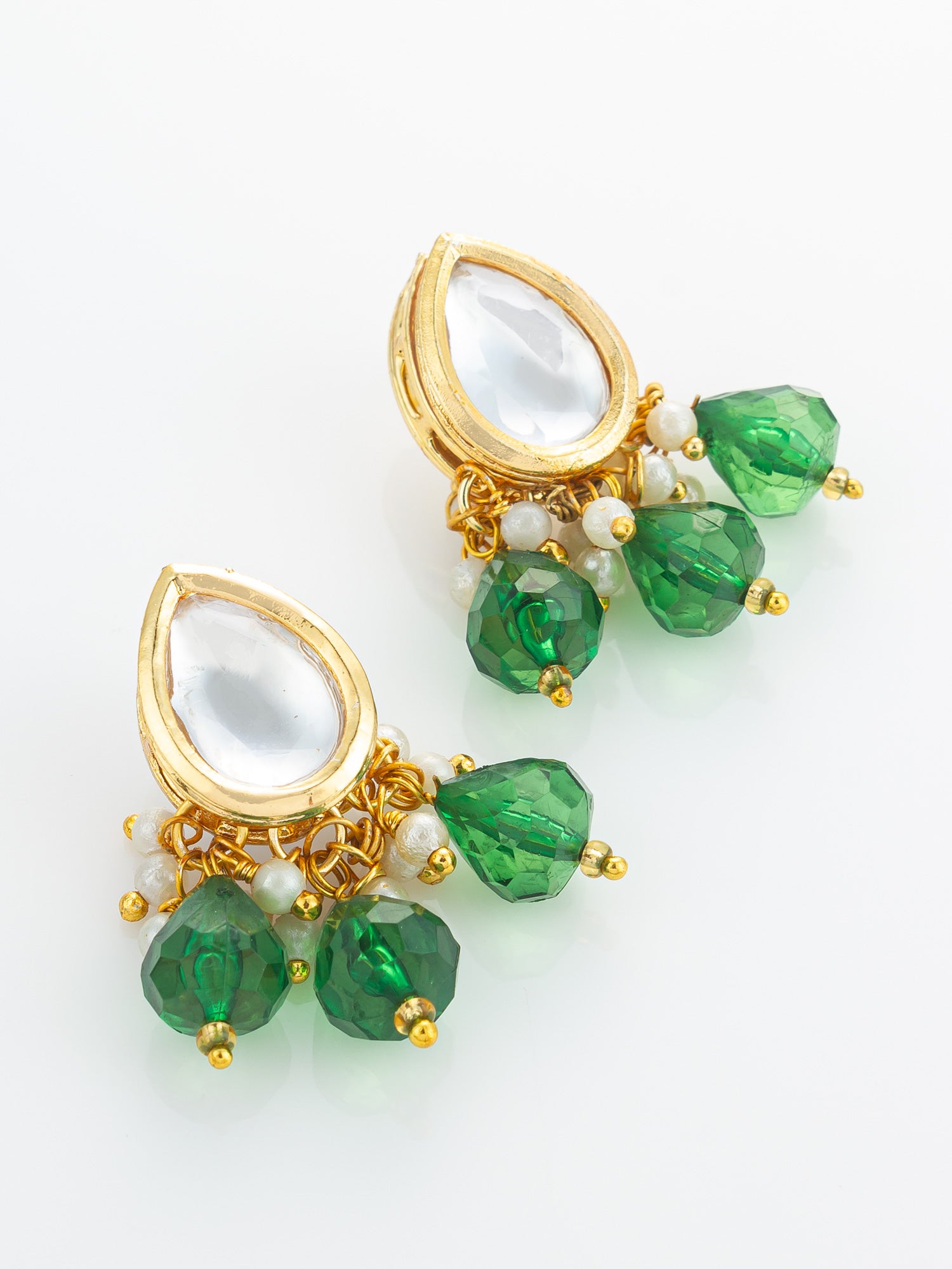 Gold Plated Green Kundan & Pearl Layered Necklace Set – View 2 | Aadita Jewelry