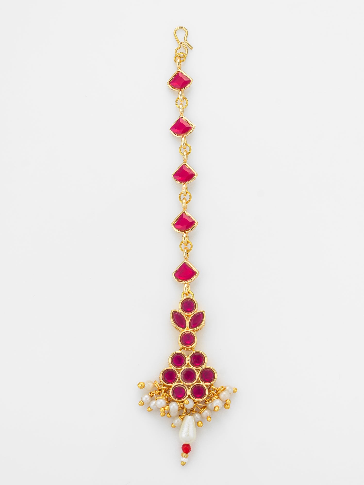 Aadita Gold Plated Ruby Square Chain Mangtika with Floral Cluster Pendant and Pearl Drop Fringe | Aadita Jewelry