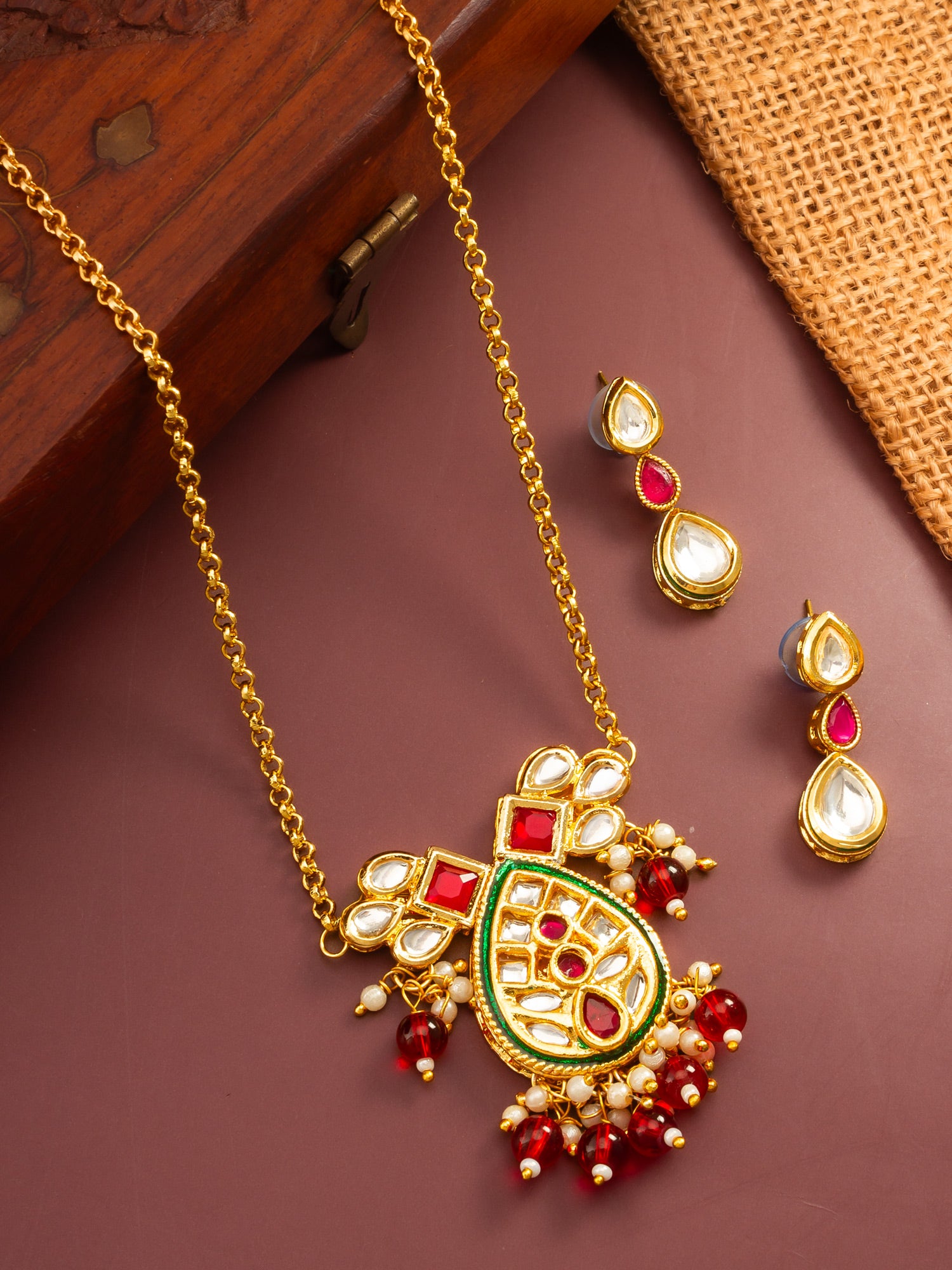 Ruby Red Kundan Gold Plated Traditional Pendant Necklace Set – View 5 | Aadita Jewelry