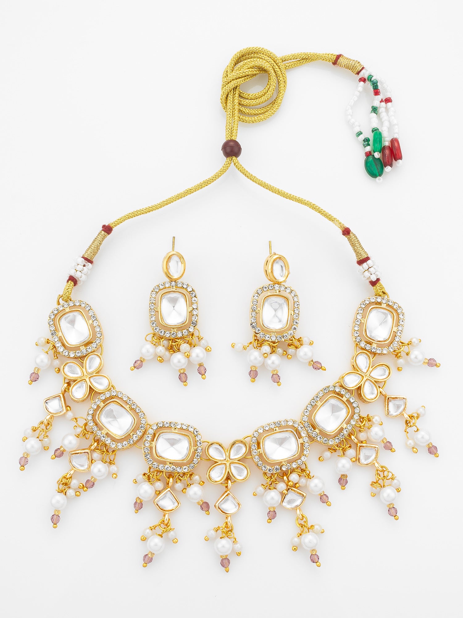 Aadita Gold-Plated Kundan Choker Necklace Set with Crystal Stones and Pearl Drops and Earrings | Aadita Jewelry