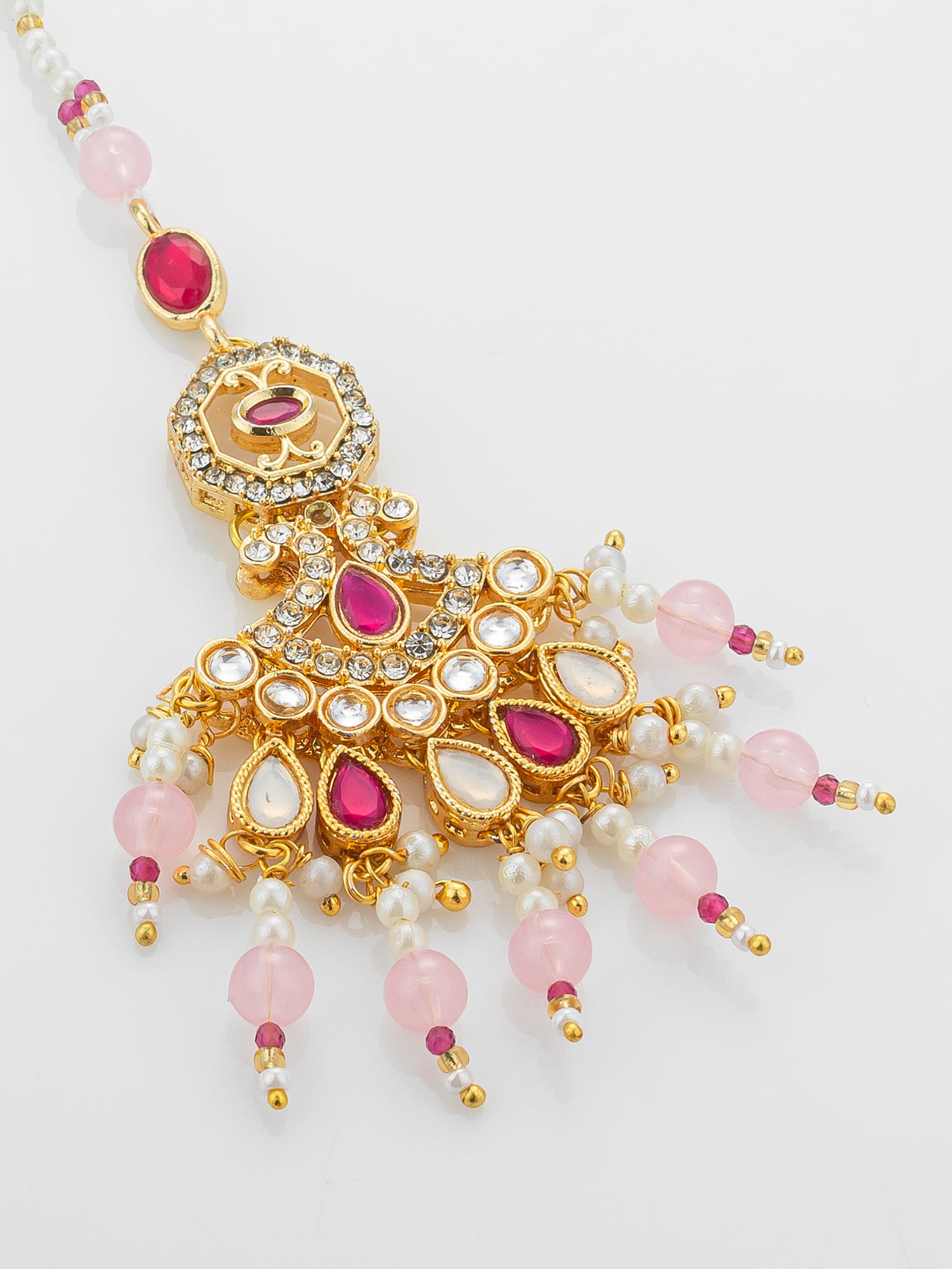 Aadita Gold Plated Kundan Mangtika with Pink Bead Chain and Rose Quartz-Toned Drops – View 3 | Aadita Jewelry