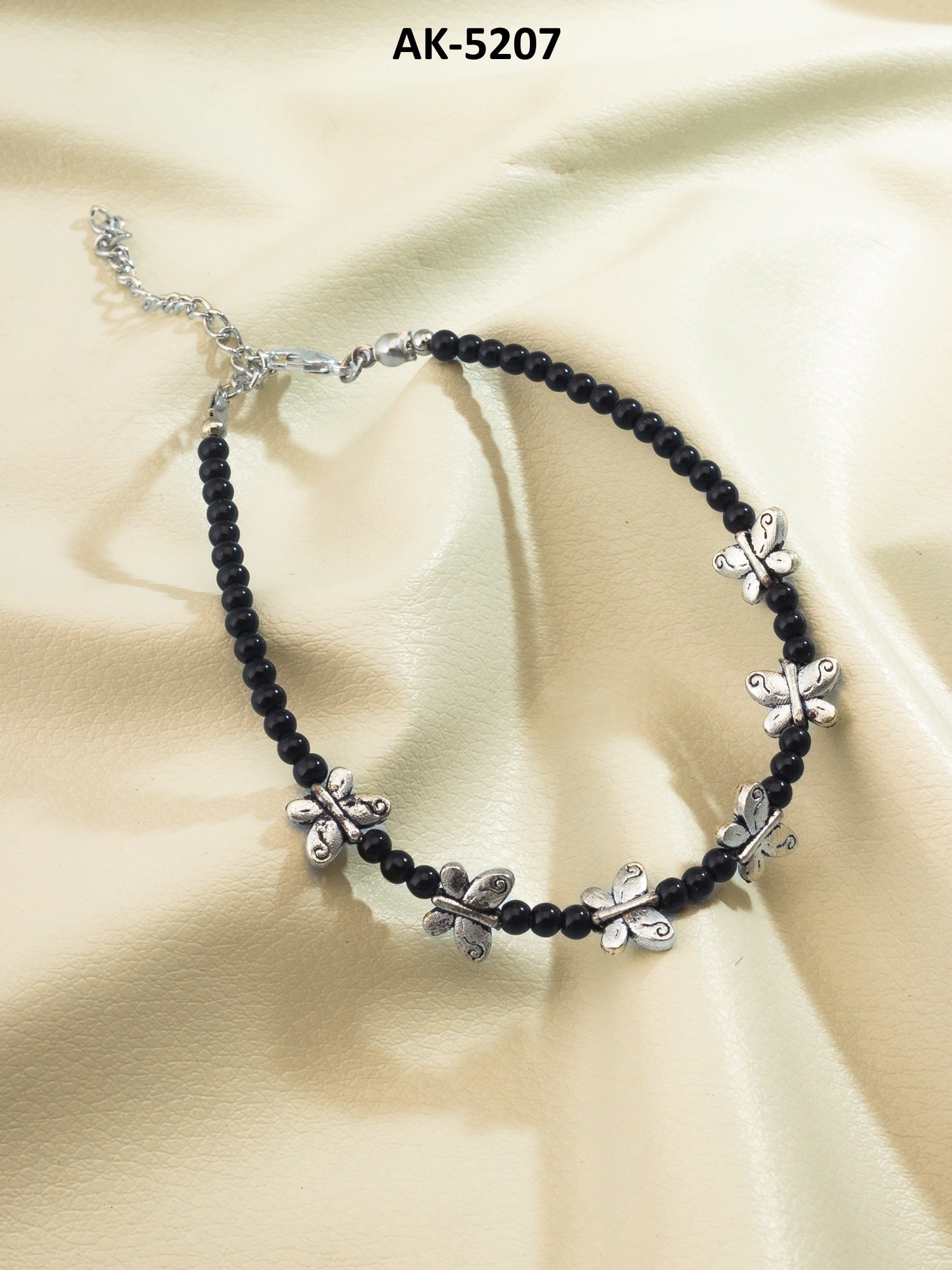 Black Bead Oxidized Butterfly Charm Beaded Anklet – View 5 | Aadita Jewelry
