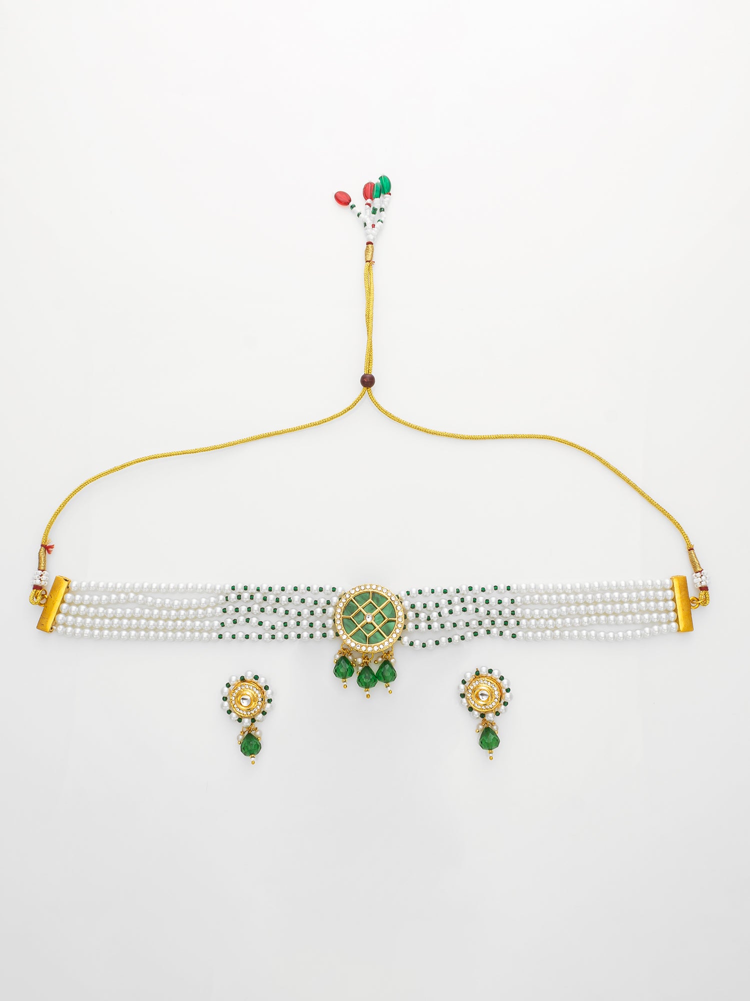 Gold-Plated Green & White Kundan Choker Necklace Set | Aadita Jewelry