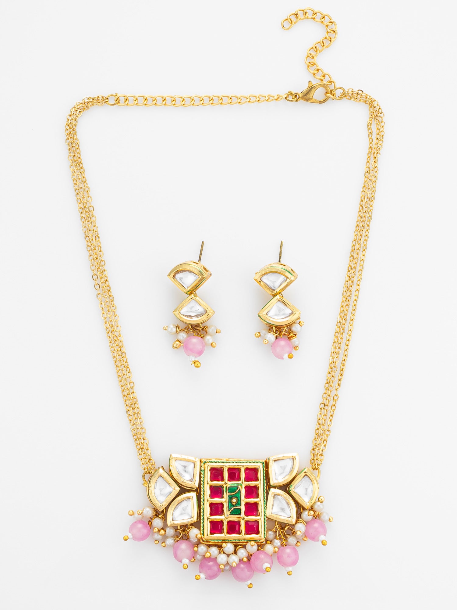 Geometric Pink and Green Stone Necklace Set | Aadita Jewelry