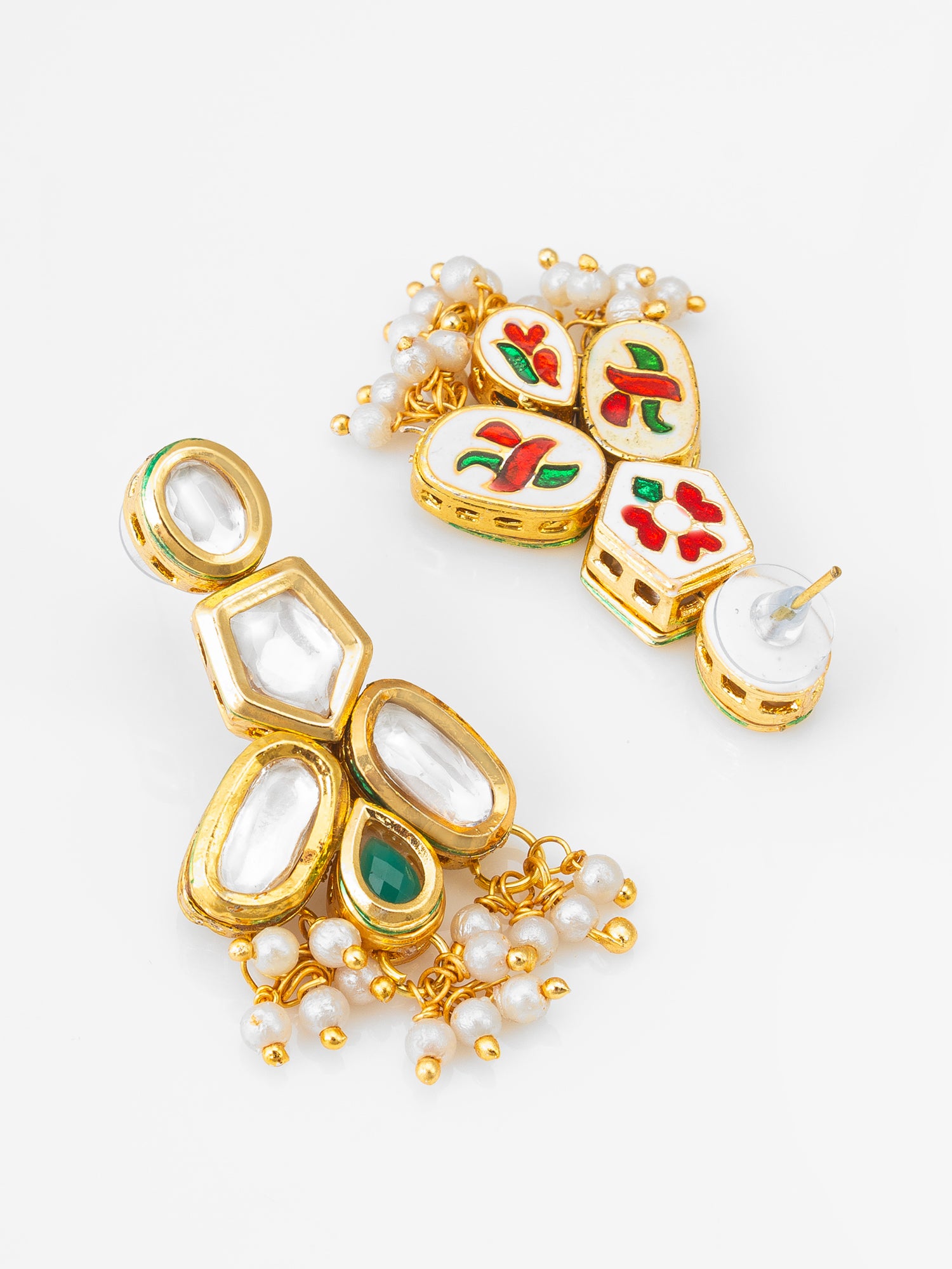 Gold-Plated Kundan Earrings with Green Stone and Pearl Drops – View 2 | Aadita Jewelry