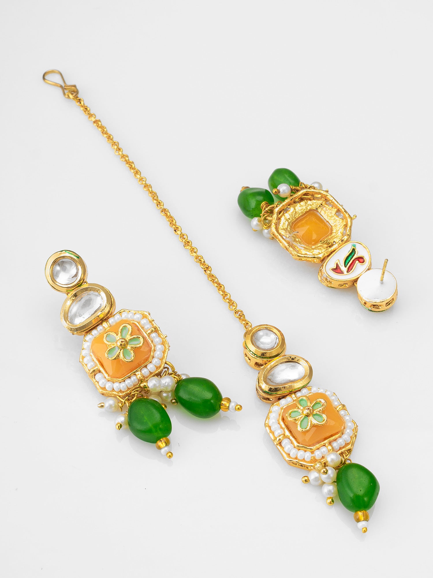 Meenakari Kundan Choker Necklace Set with Flower Motif, Beads and Maang Tikka – View 3 | Aadita Jewelry